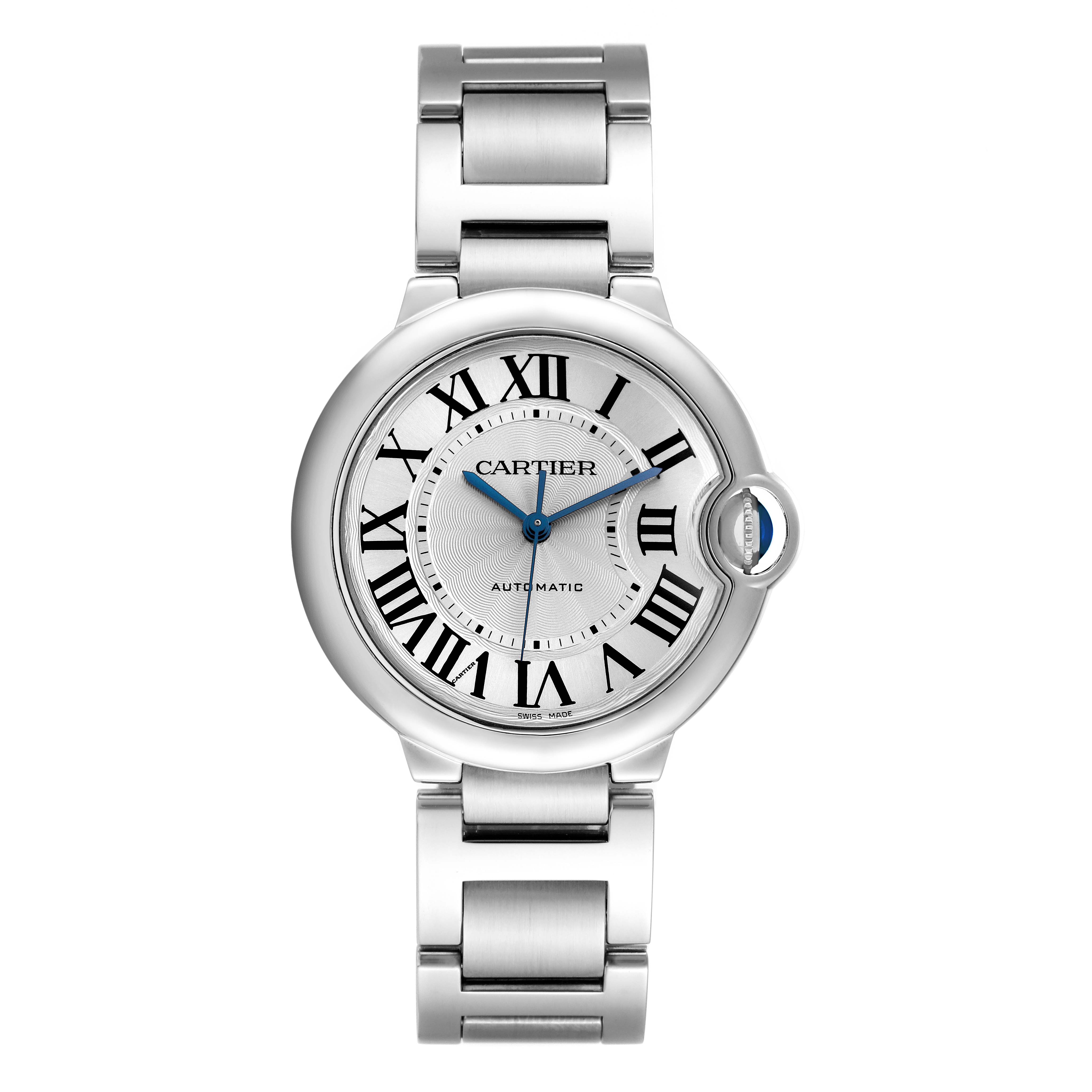 The Cartier Ballon Bleu W69017Z4 Men
s Stainless Steel Silver Dial W69017Z4 Men
s Stainless Steel Silver Dial watch is shown from a front angle, highlighting the dial, hands, and part of the bracelet.