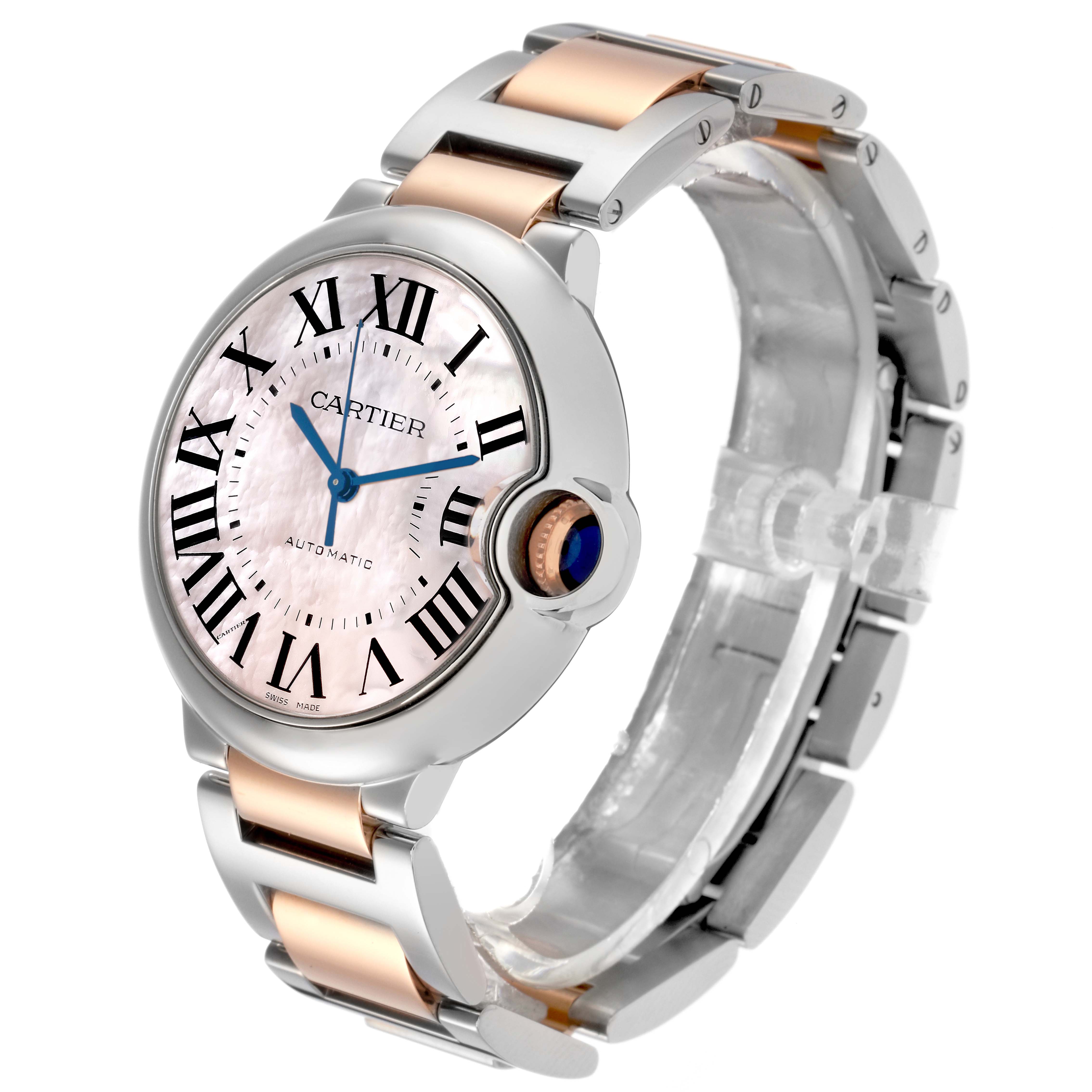 The Cartier Ballon Bleu W6920033 Women
s Steel and Gold (two tone) Mother of Pearl Dial W6920033 Women
s Steel and Gold (two tone) Mother of Pearl Dial watch is shown at a three-quarter angle, highlighting the face, crown, and metal bracelet.