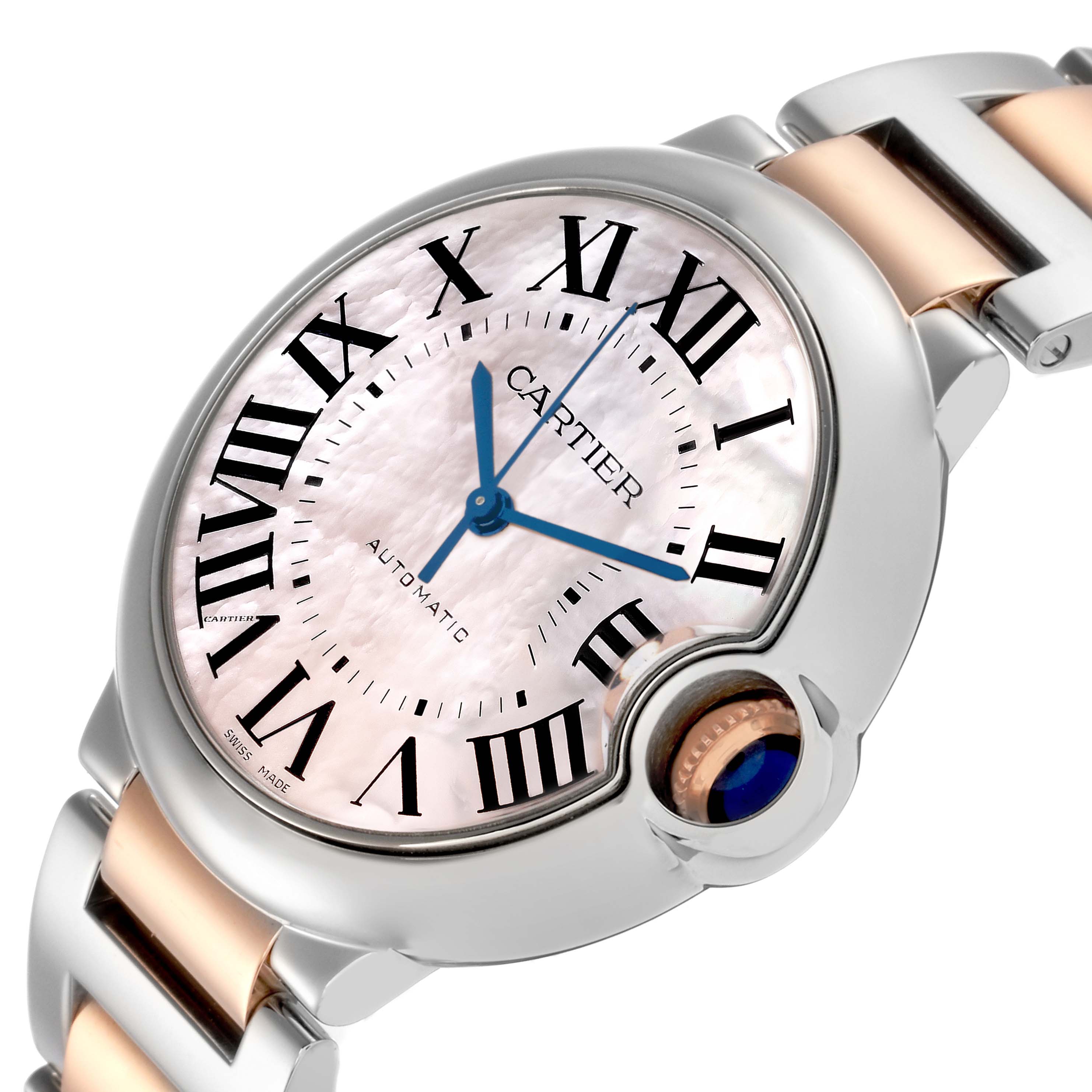 The Cartier Ballon Bleu W6920033 Women
s Steel and Gold (two tone) Mother of Pearl Dial W6920033 Women
s Steel and Gold (two tone) Mother of Pearl Dial watch is shown at a slight angle, highlighting its face, Roman numerals, blue hands, and crown with a sapphire cabochon.