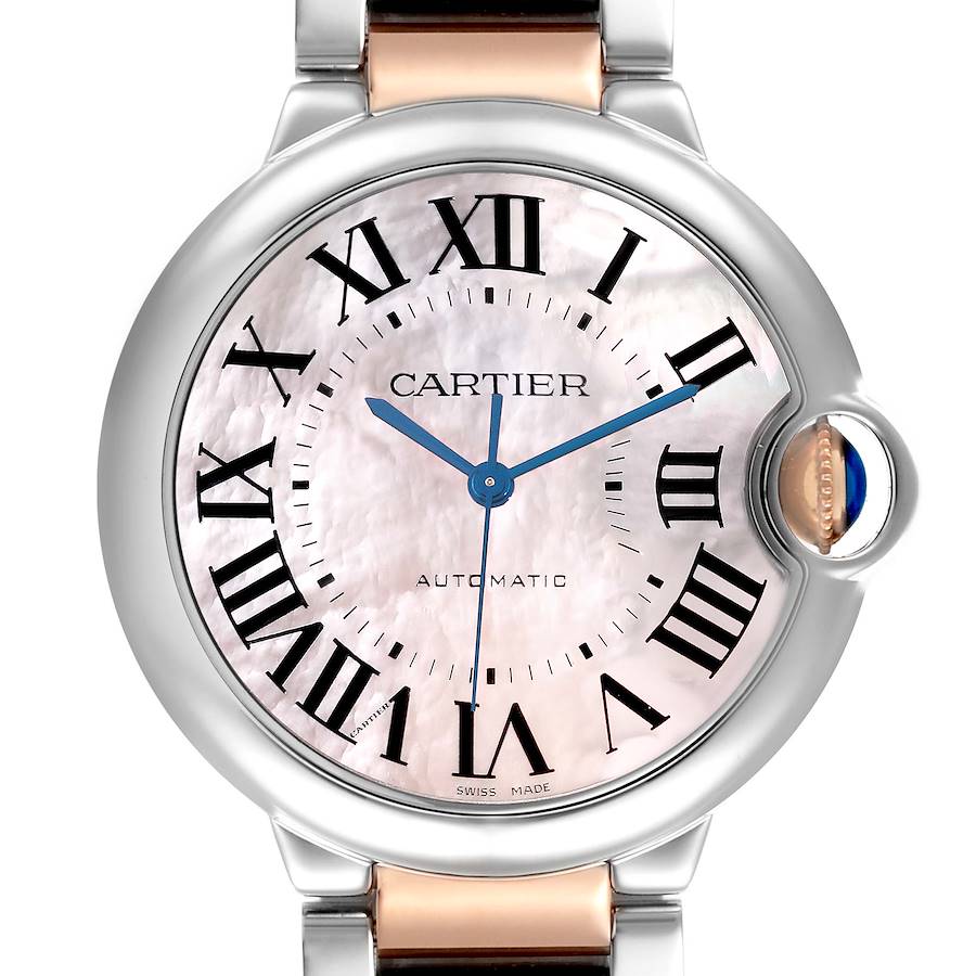 The Cartier Ballon Bleu watch is shown from the front, highlighting its face, Roman numerals, and blue hands.