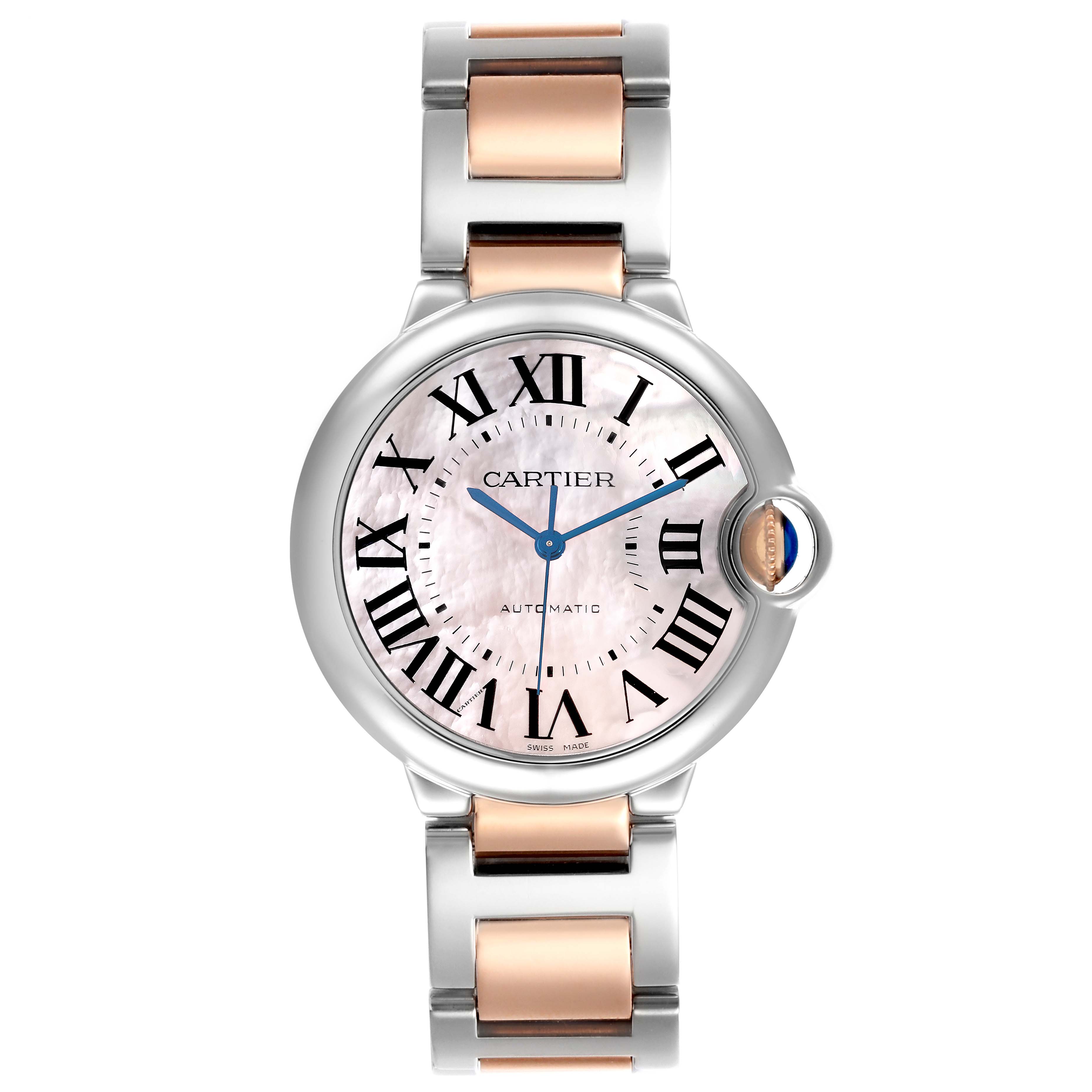 The Cartier Ballon Bleu W6920033 Women
s Steel and Gold (two tone) Mother of Pearl Dial W6920033 Women
s Steel and Gold (two tone) Mother of Pearl Dial watch is shown from a top view, displaying its face and two-tone bracelet.