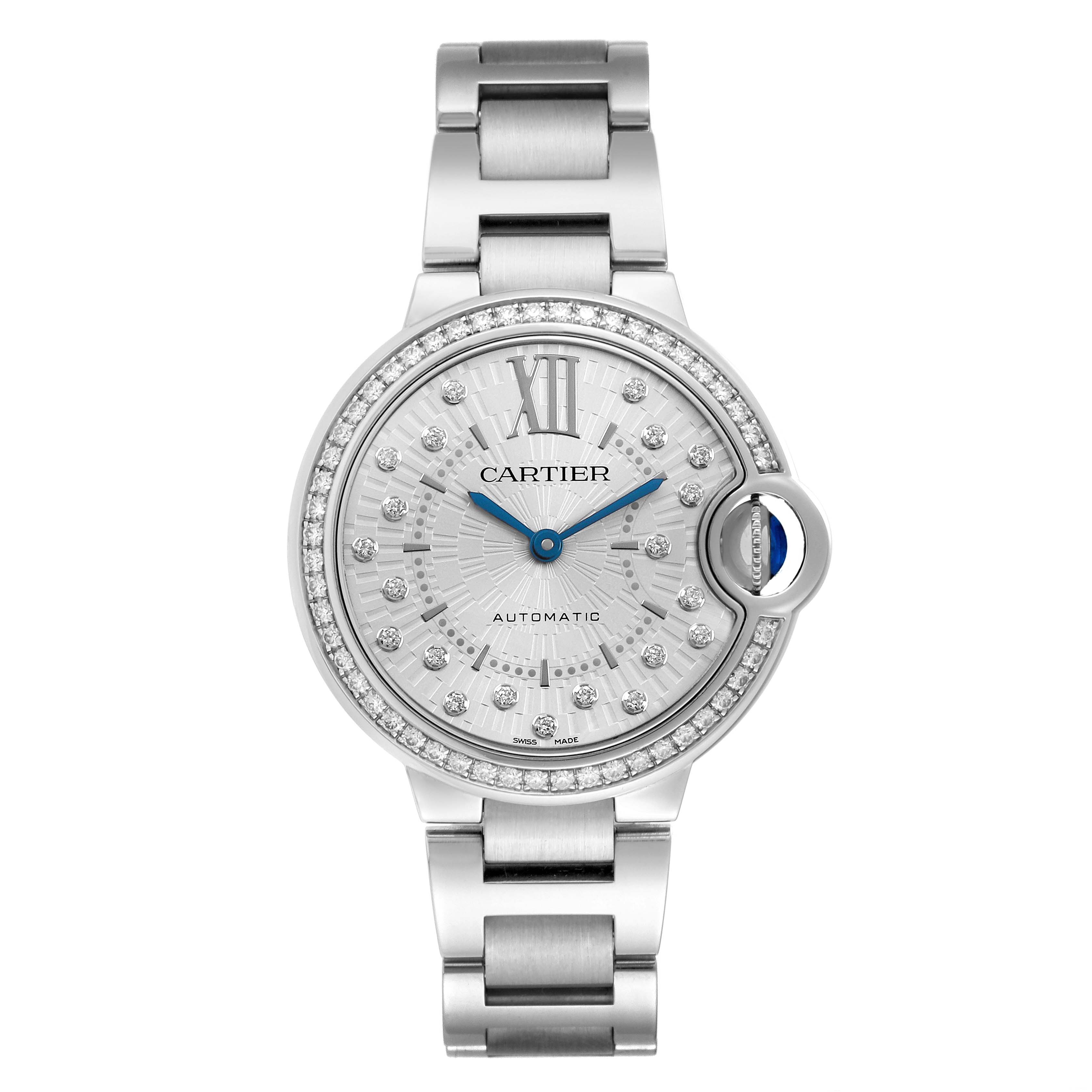 The Cartier Ballon Bleu W4BB0035 Women's Stainless Steel Silver Dial watch is shown from the front, highlighting its face, blue hands, and metallic bracelet.