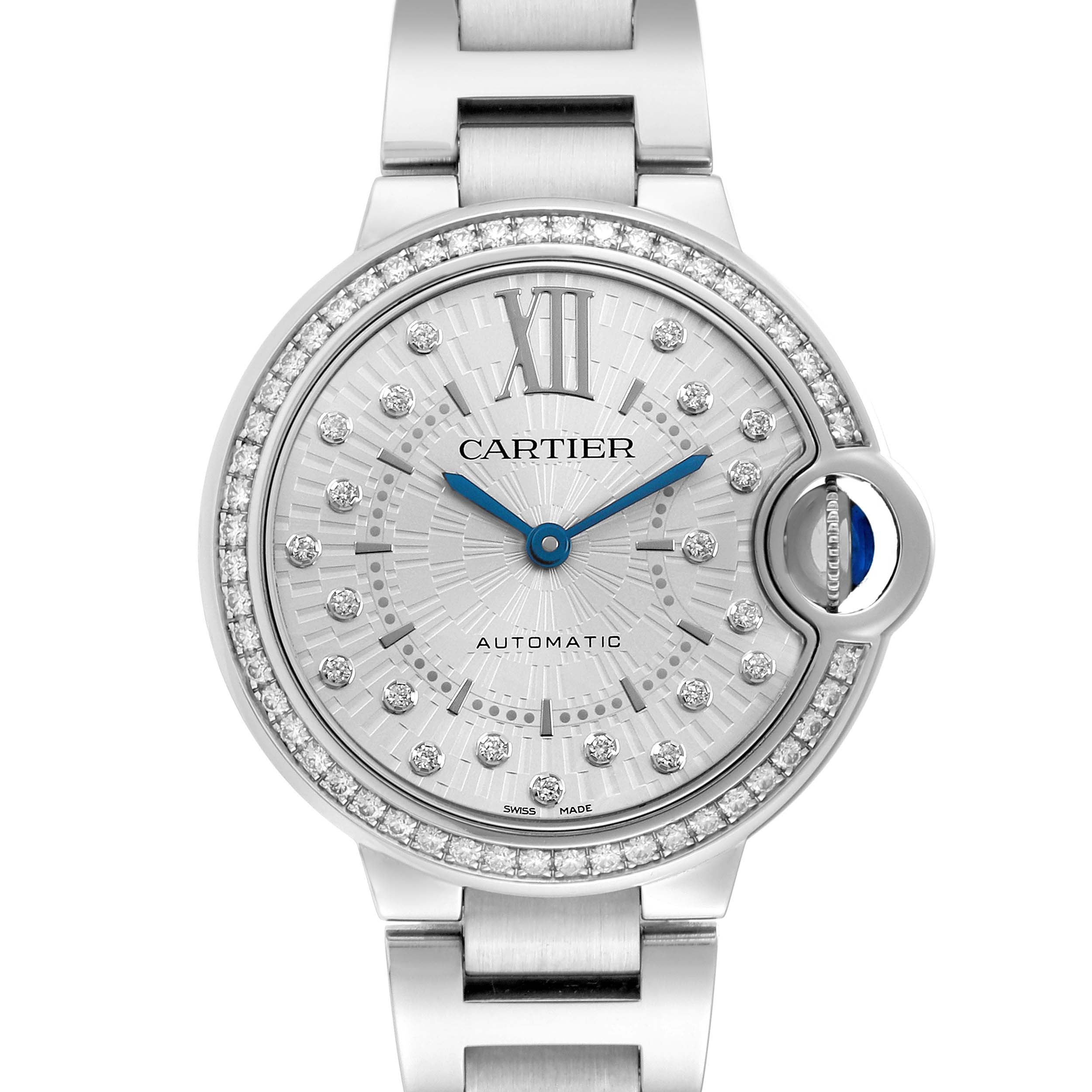 The Cartier Ballon Bleu W4BB0035 Women's Stainless Steel Silver Dial watch is shown from the front, highlighting the dial, blue hands, diamond markers, and crown.