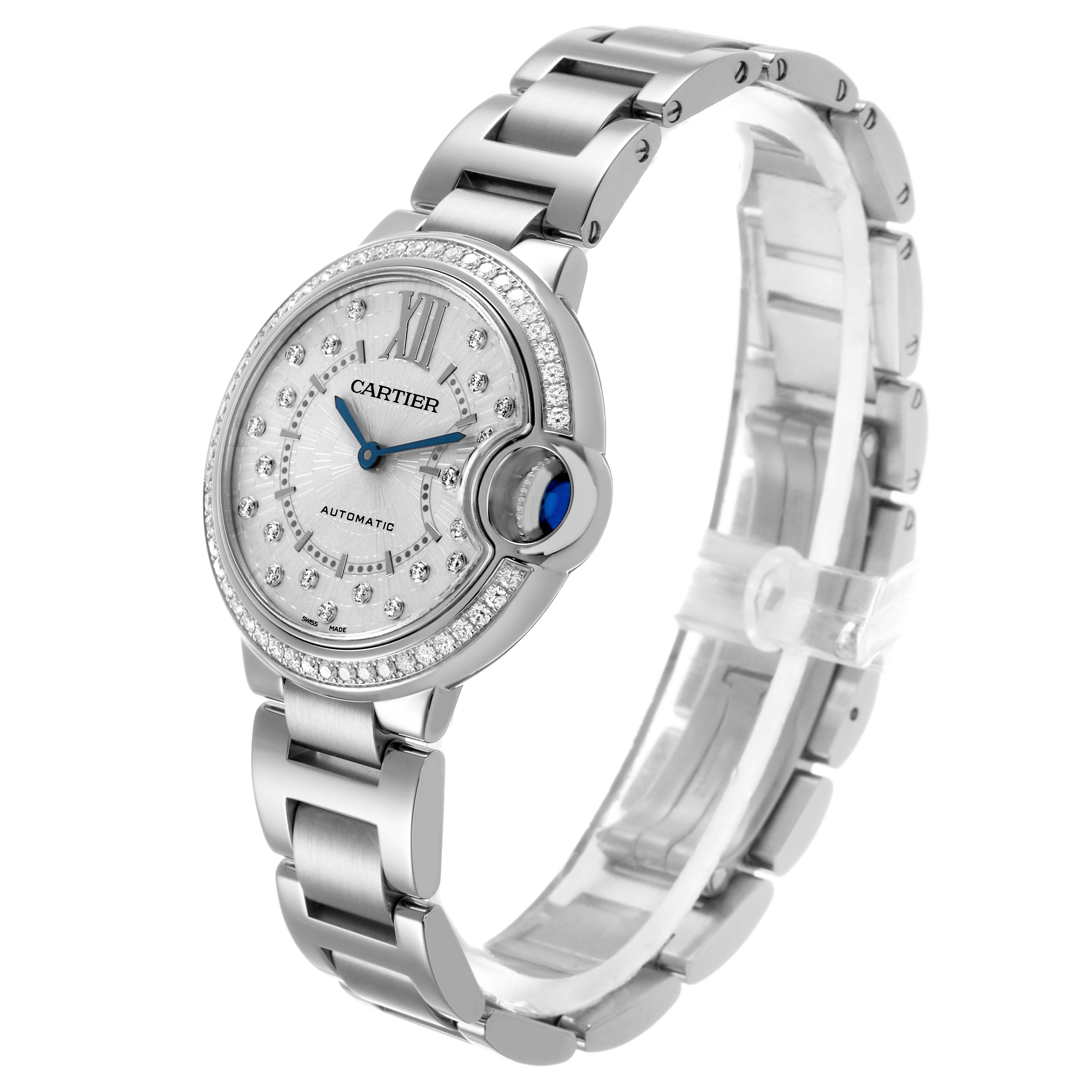 The Cartier Ballon Bleu W4BB0035 Women's Stainless Steel Silver Dial watch is shown in a three-quarter side view, highlighting the face, bezel, and part of the bracelet.
