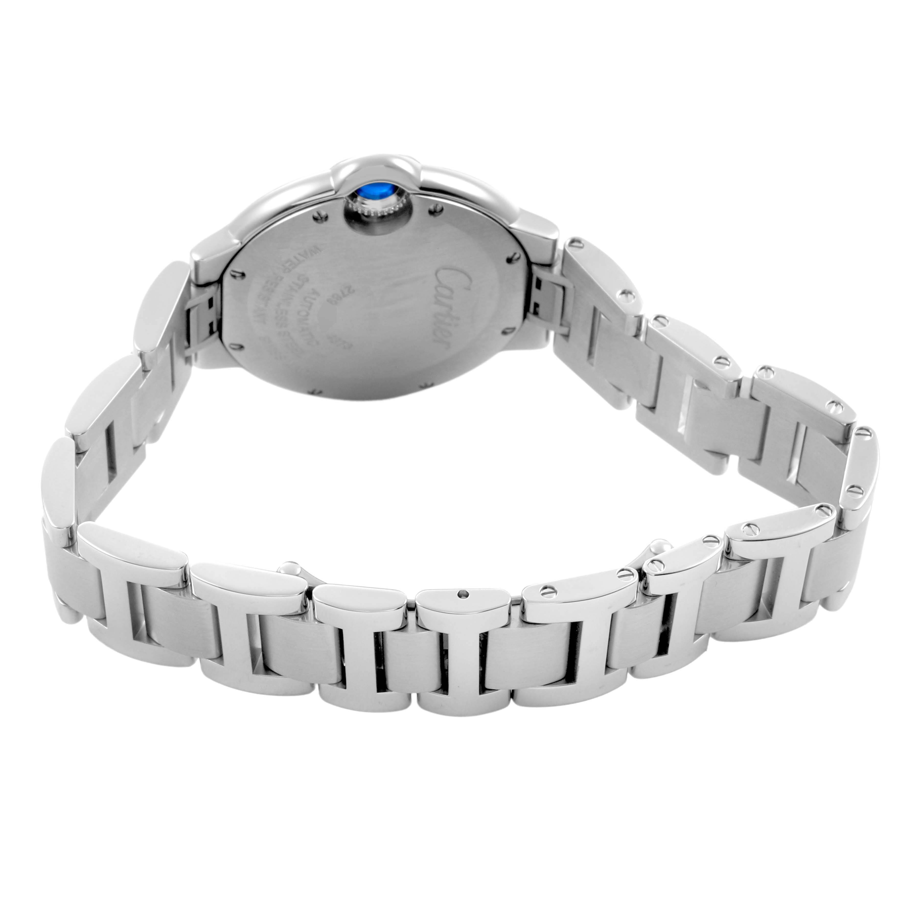 The image shows the back and bracelet of the Cartier Ballon Bleu W4BB0035 Women's Stainless Steel Silver Dial, highlighting the caseback and polished metal links.