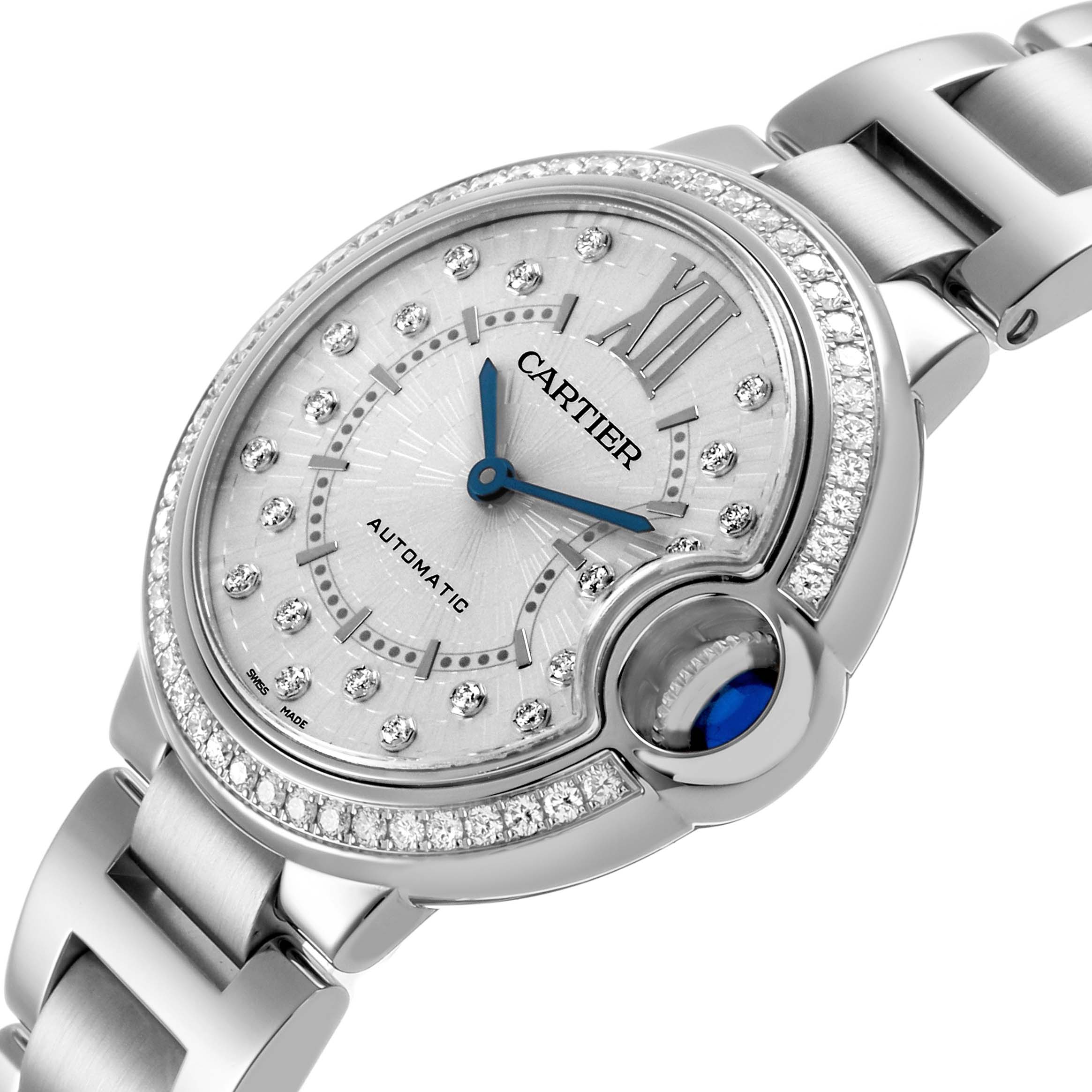 The Cartier Ballon Bleu W4BB0035 Women's Stainless Steel Silver Dial watch is shown from an angled view, highlighting the dial, bracelet, and diamond-studded bezel.