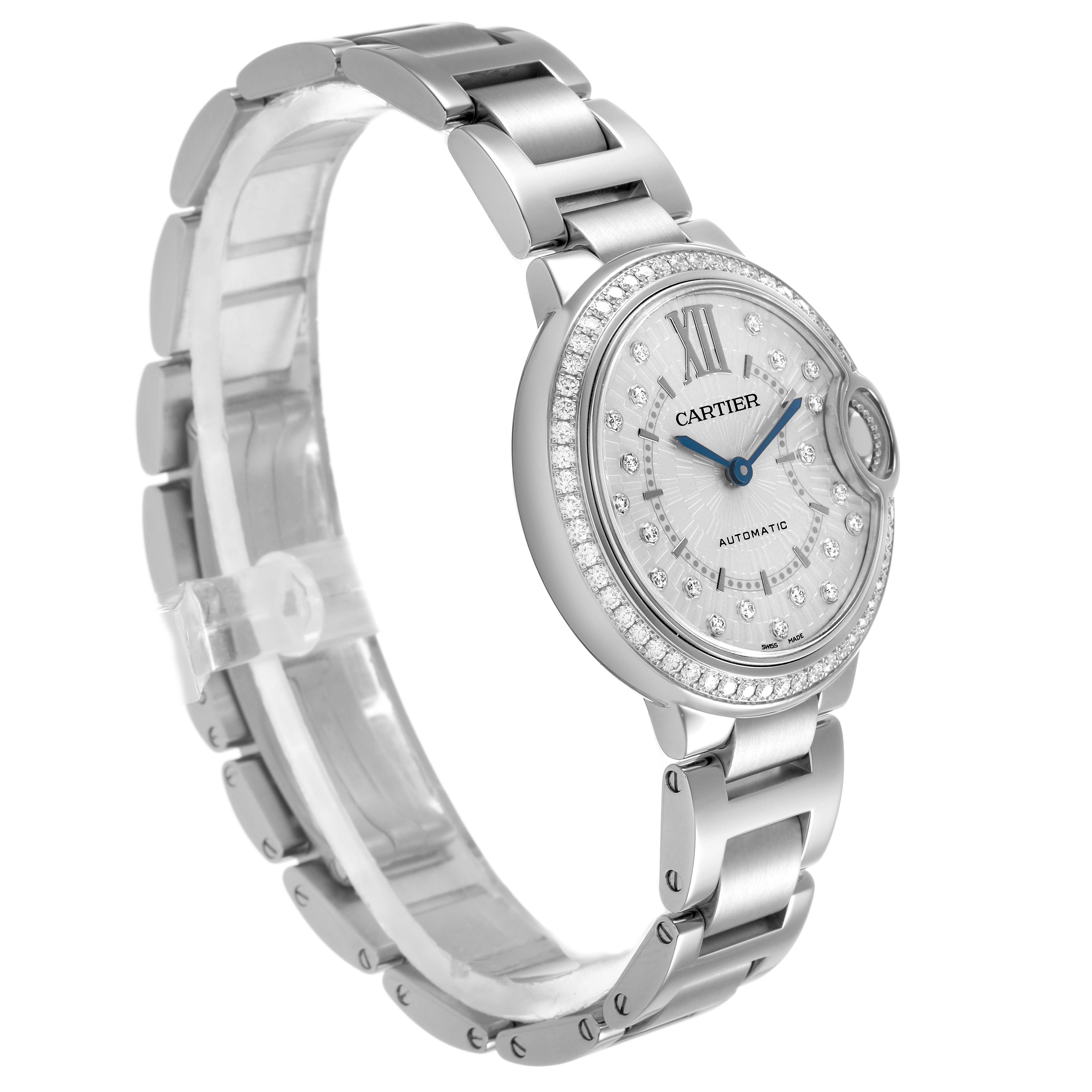 The Cartier Ballon Bleu W4BB0035 Women's Stainless Steel Silver Dial watch is shown at a slight angle, displaying the face, bezel, and part of the bracelet.