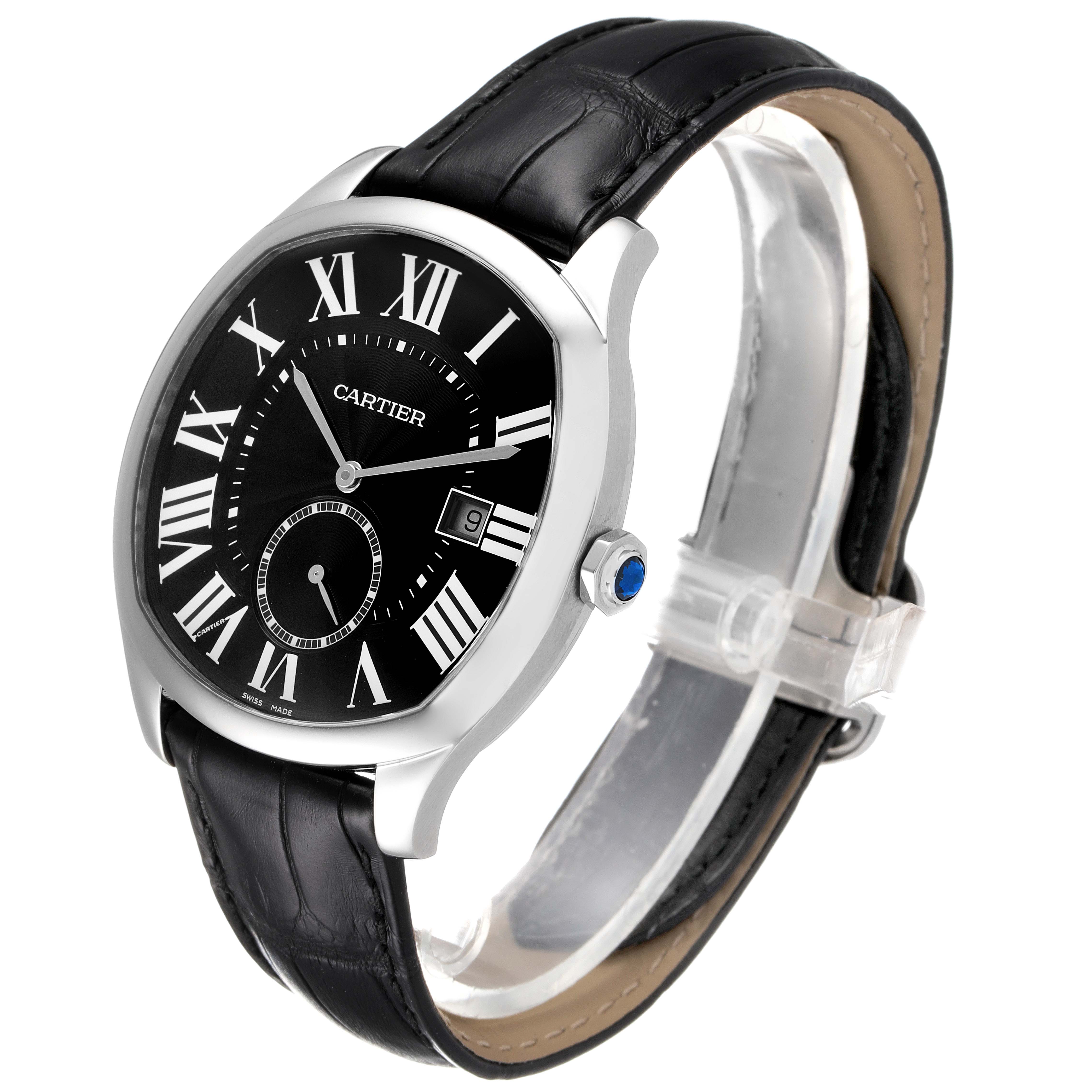 The image shows the Drive de Cartier watch by Cartier at a slight angle displaying its black dial, Roman numeral indices, and black leather strap.