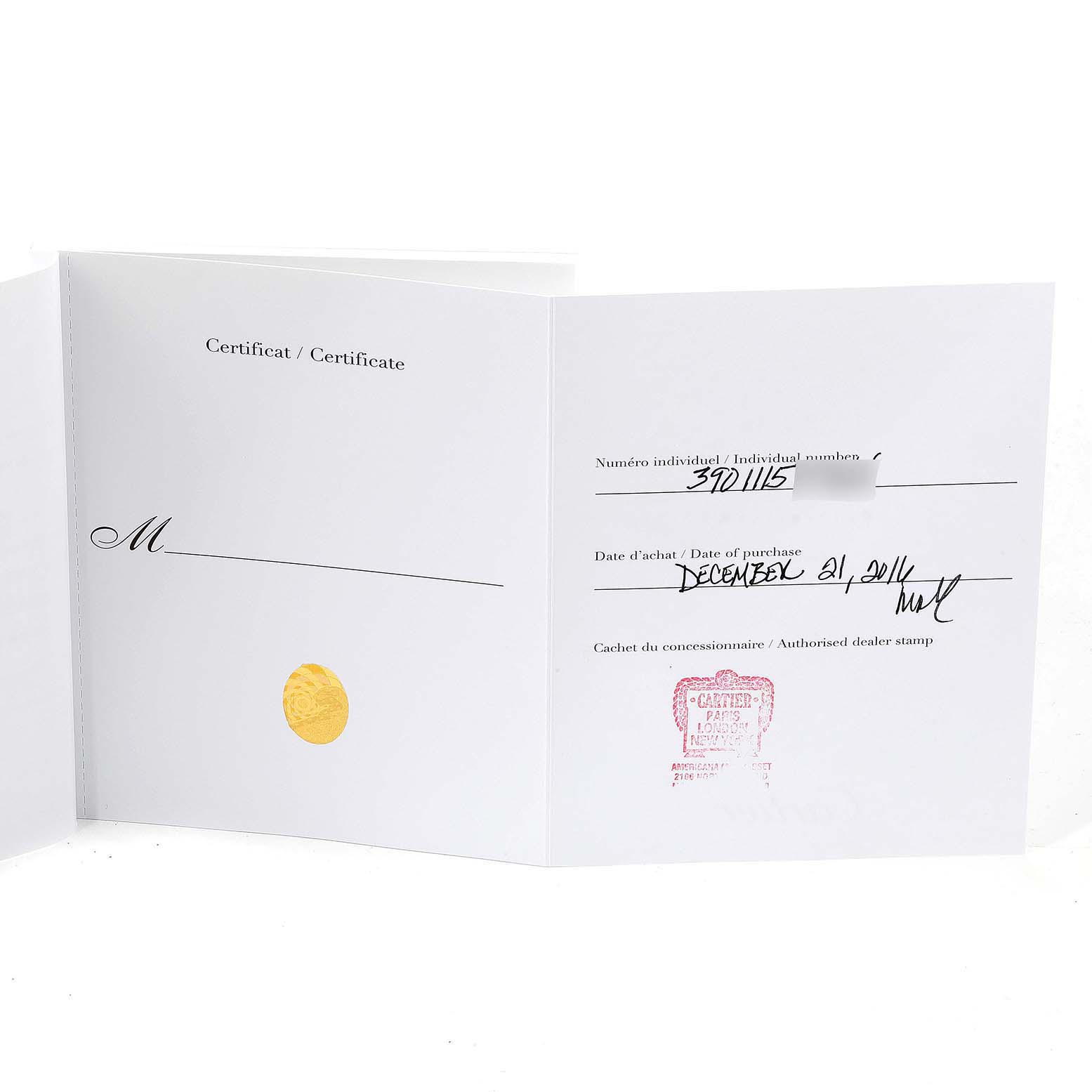 The image shows a certificate for the Drive de Cartier model by Cartier.