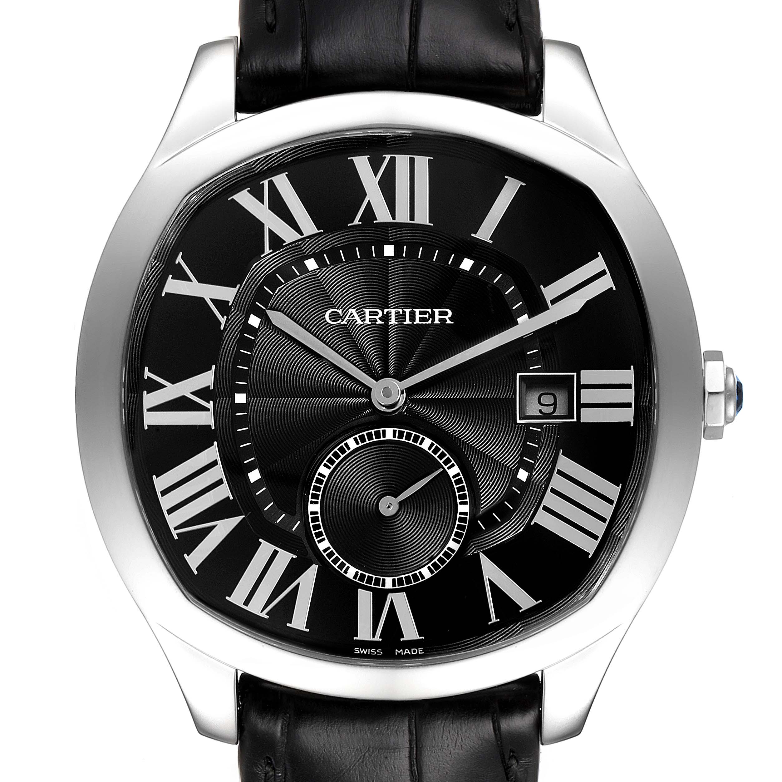 The image shows a front view of the Drive de Cartier watch by Cartier, featuring a black dial with Roman numerals and a leather strap.