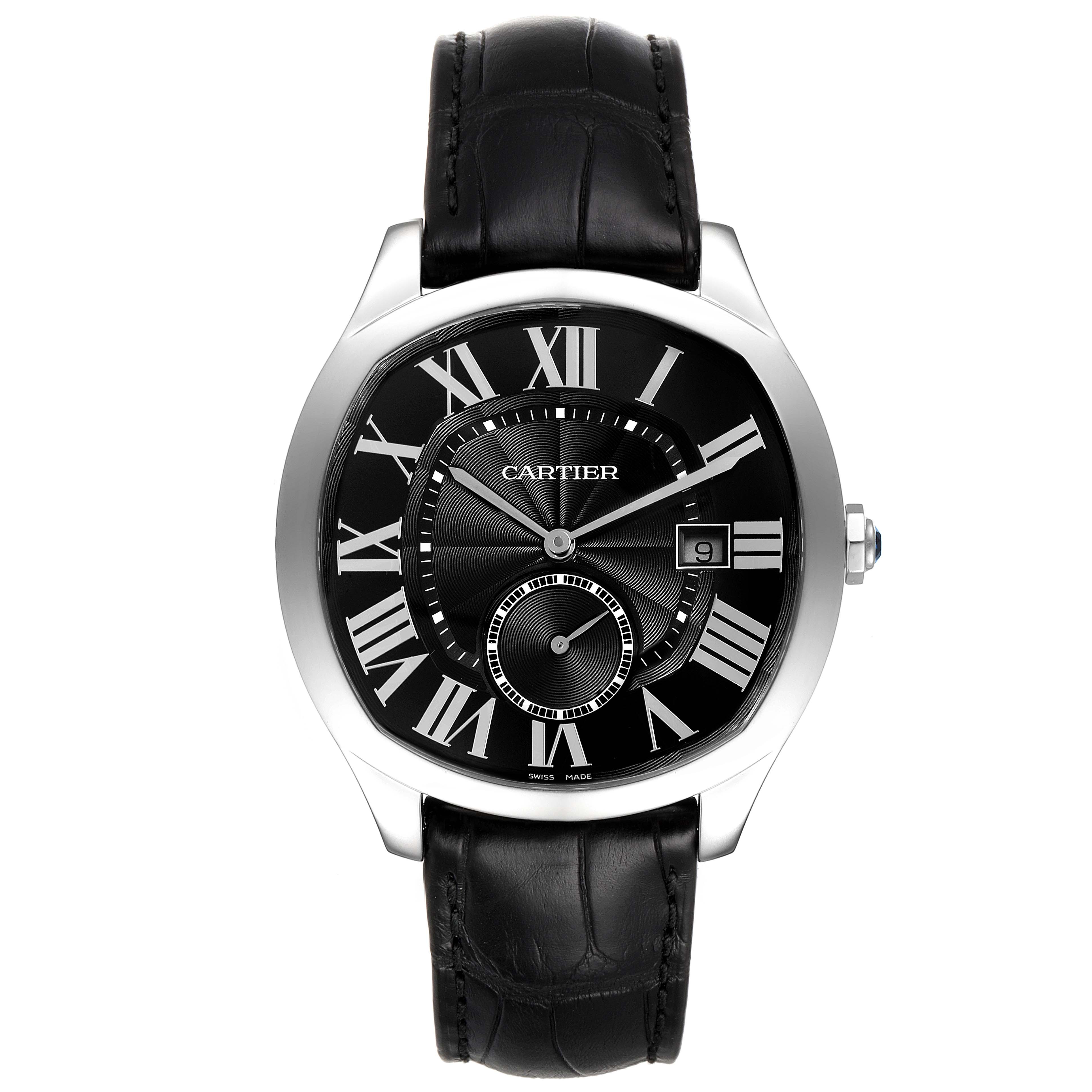 The image shows a front view of the Drive de Cartier model by Cartier, highlighting its face, Roman numeral indices, and black leather strap.