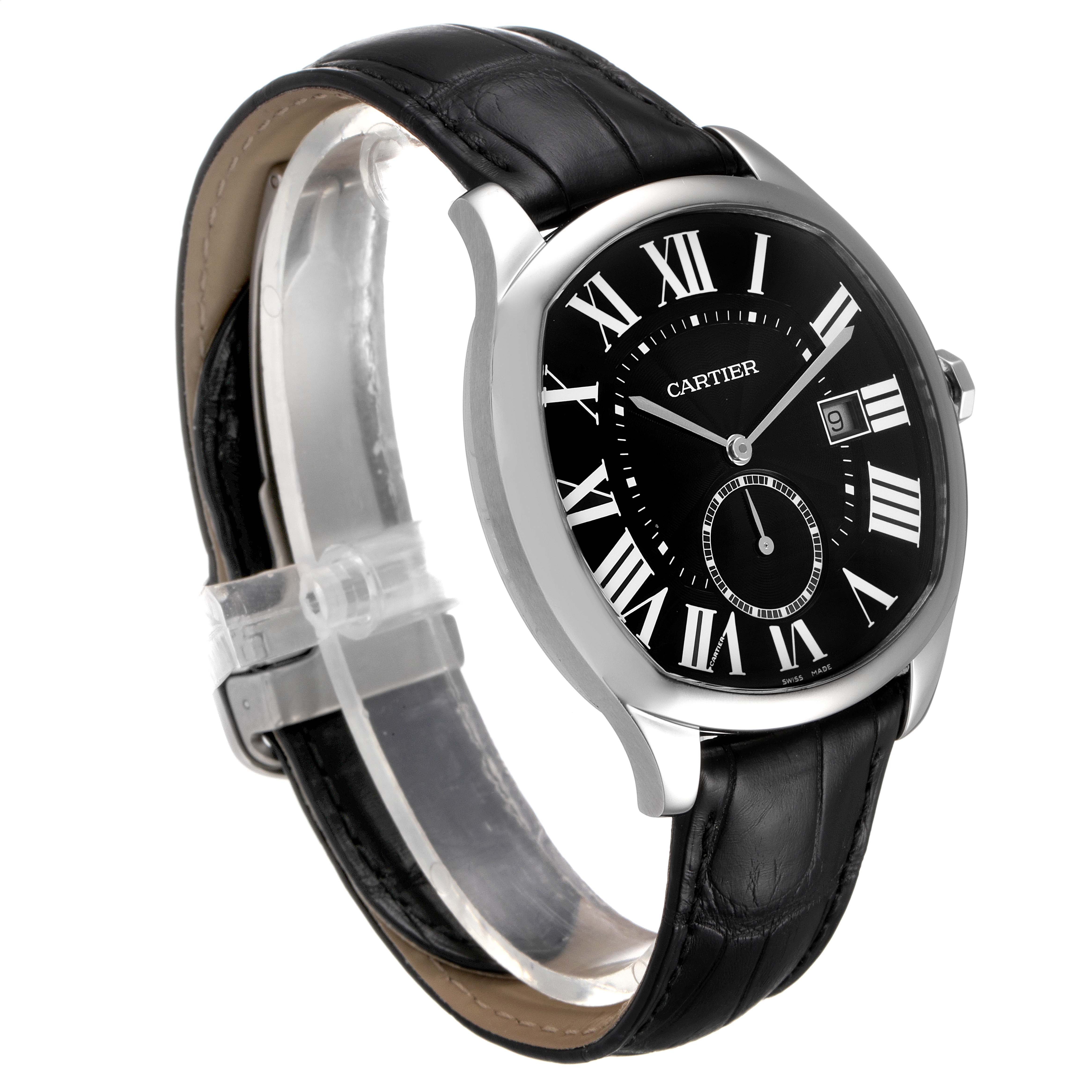 This image shows a Drive de Cartier watch by Cartier at a slight side angle, featuring a black leather strap and a black dial with Roman numerals.