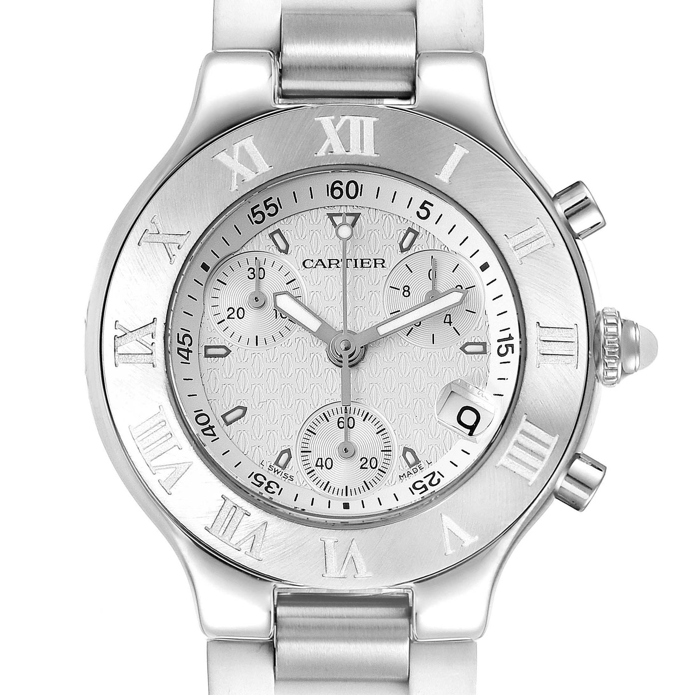 This is a close-up of the Cartier Must 21 Chronoscaph W10184U2 Men's Stainless Steel White Dial W10184U2 Men's Stainless Steel White Dial watch face, showing the dials, Roman numerals, and crown.