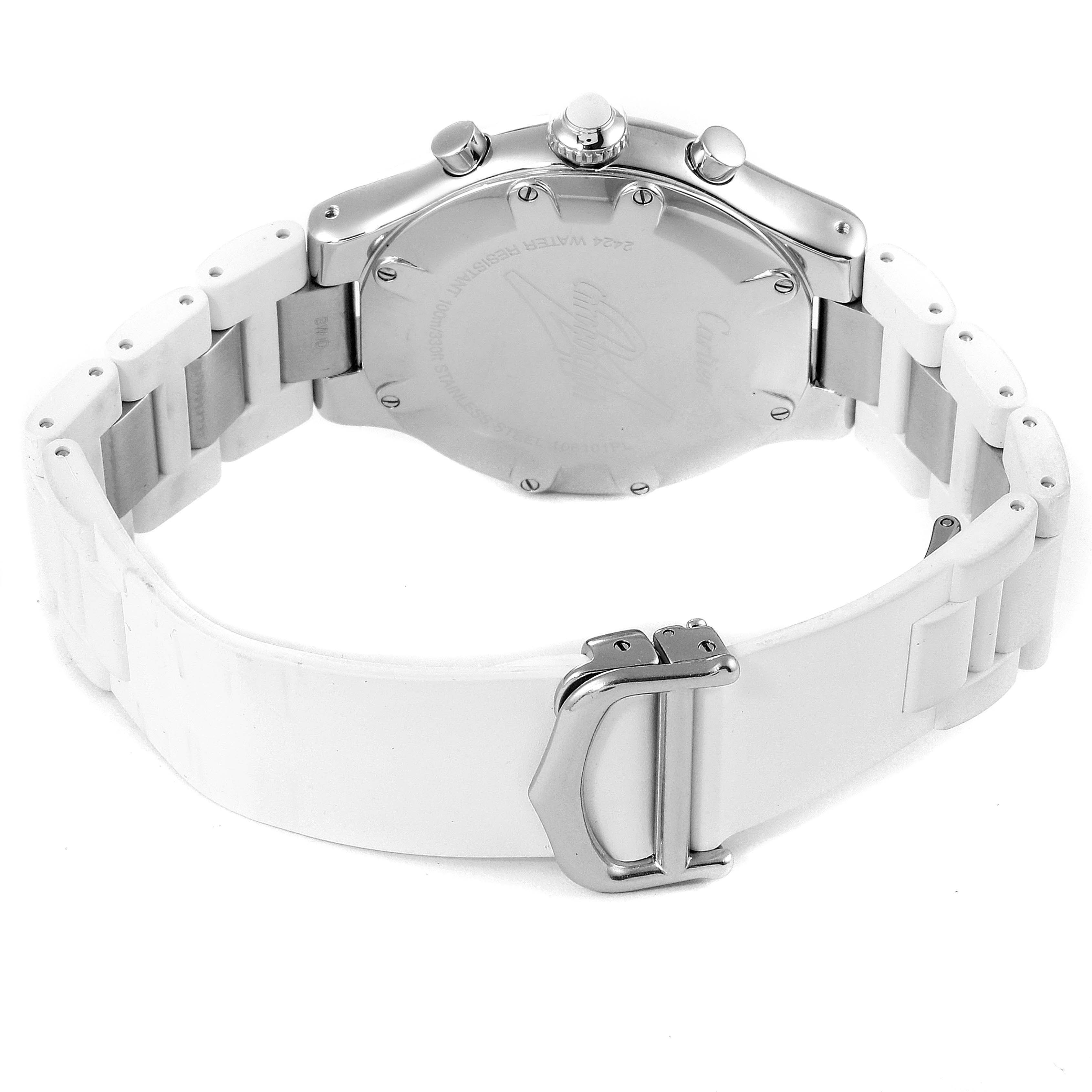 The image shows the back and side of the Cartier Must 21 Chronoscaph W10184U2 Men's Stainless Steel White Dial W10184U2 Men's Stainless Steel White Dial watch, highlighting its case back, crown, pushers, and white strap.