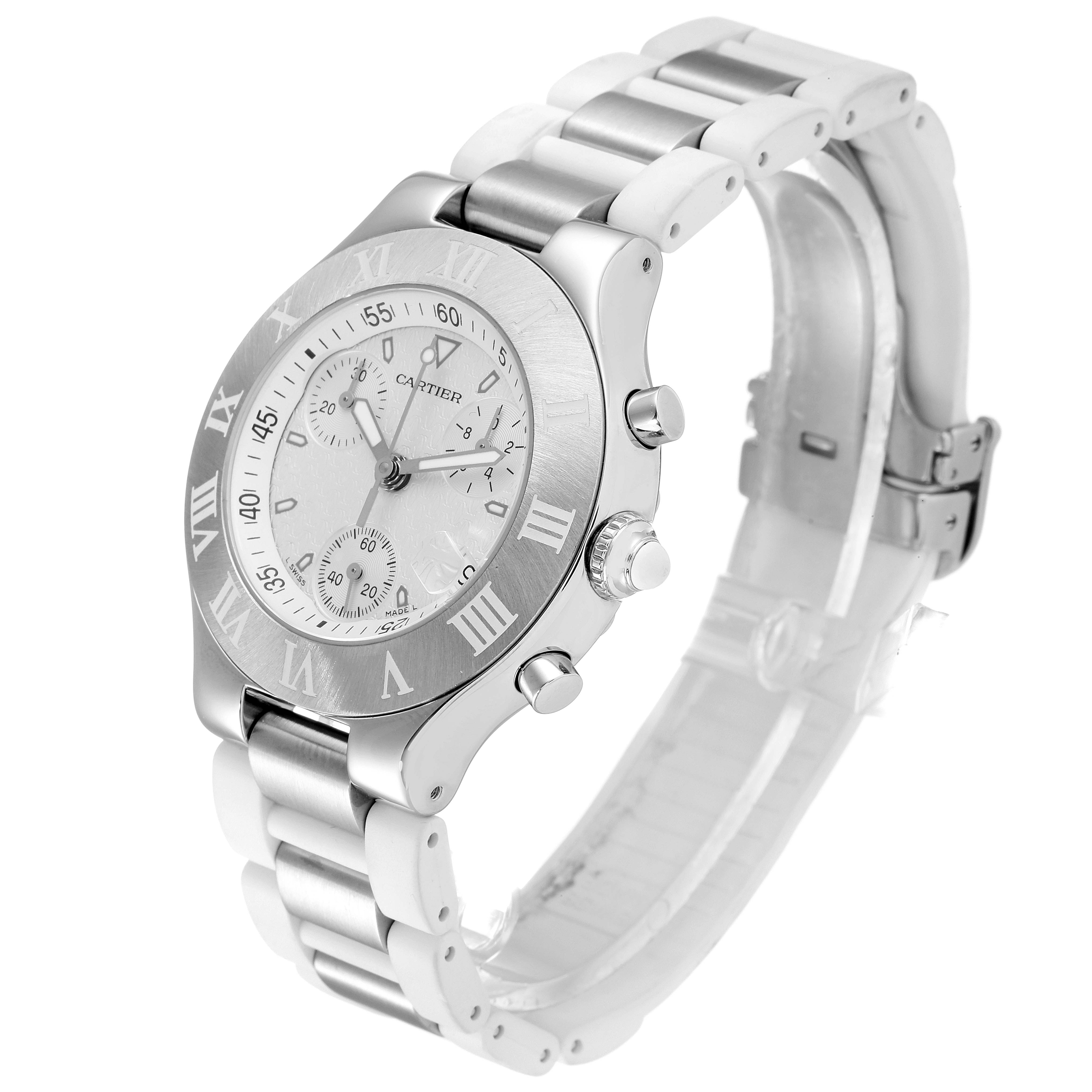 The Cartier Must 21 Chronoscaph W10184U2 Men's Stainless Steel White Dial W10184U2 Men's Stainless Steel White Dial watch is shown from a three-quarter angle, highlighting the dial, bezel, crown, and bracelet.