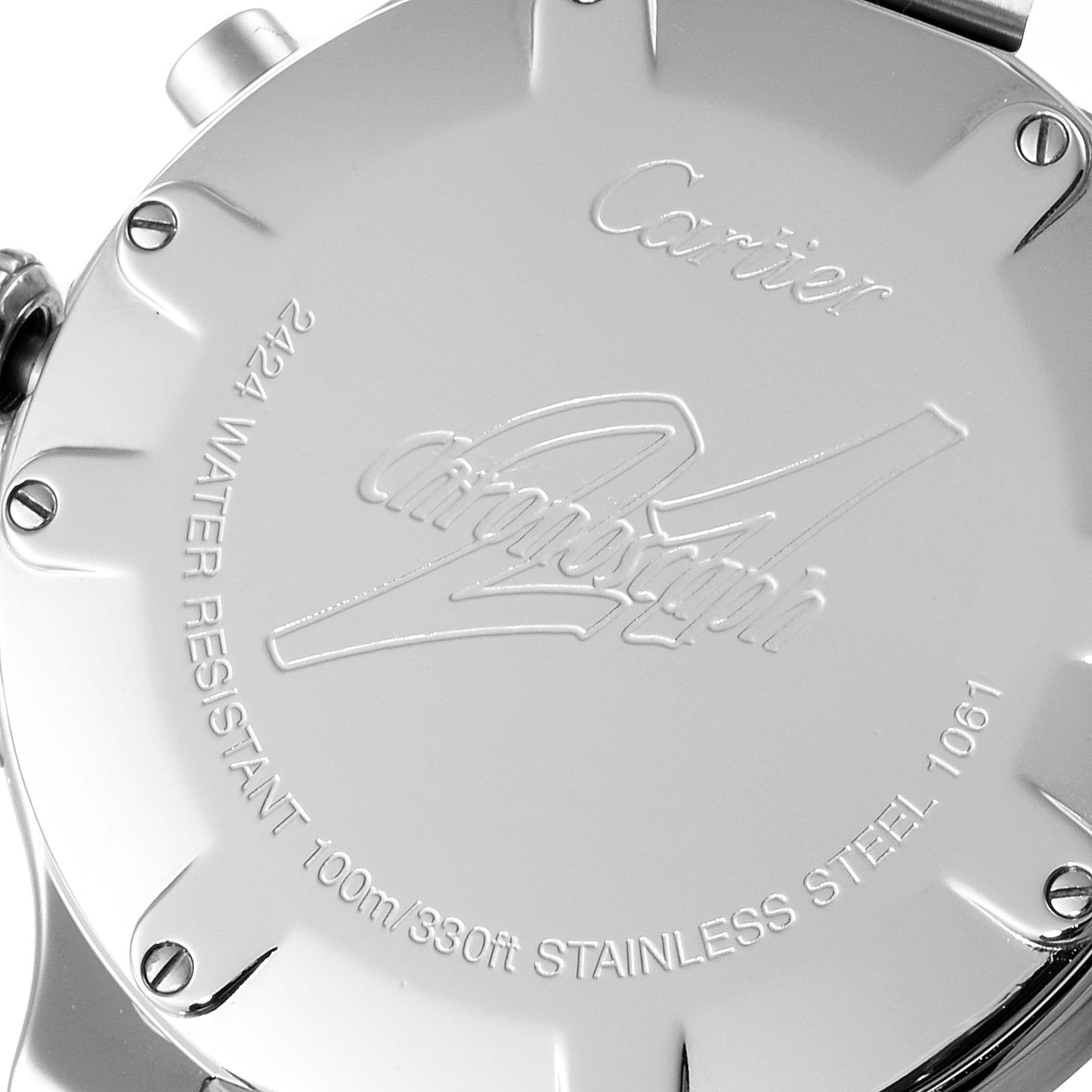 The image shows the back case of a Must 21 Chronoscaph model by Cartier, highlighting its engravings and water resistance details.