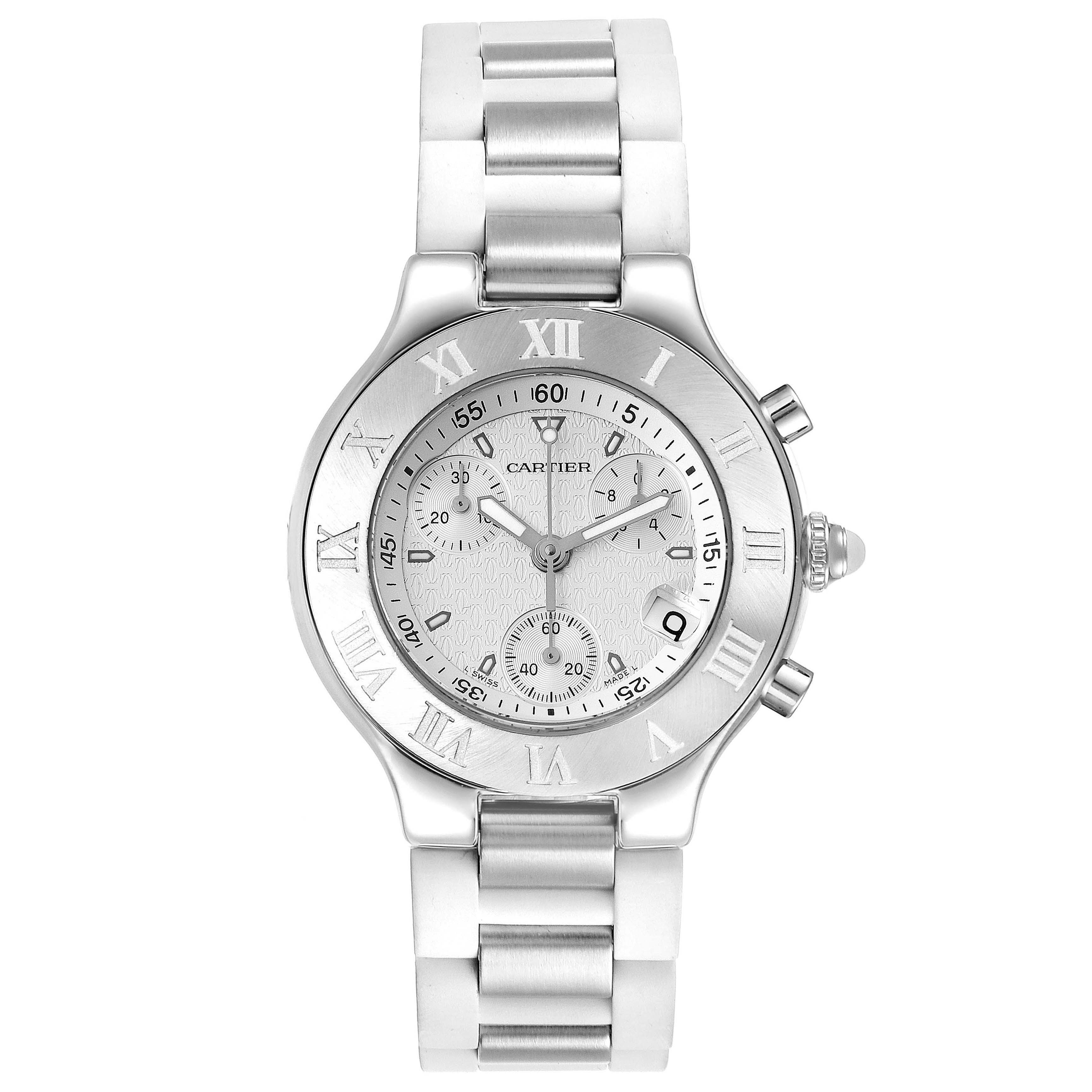 This image shows a front view of a Cartier Must 21 Chronoscaph W10184U2 Men's Stainless Steel White Dial W10184U2 Men's Stainless Steel White Dial watch, featuring its dial, bezel, and stainless steel bracelet.