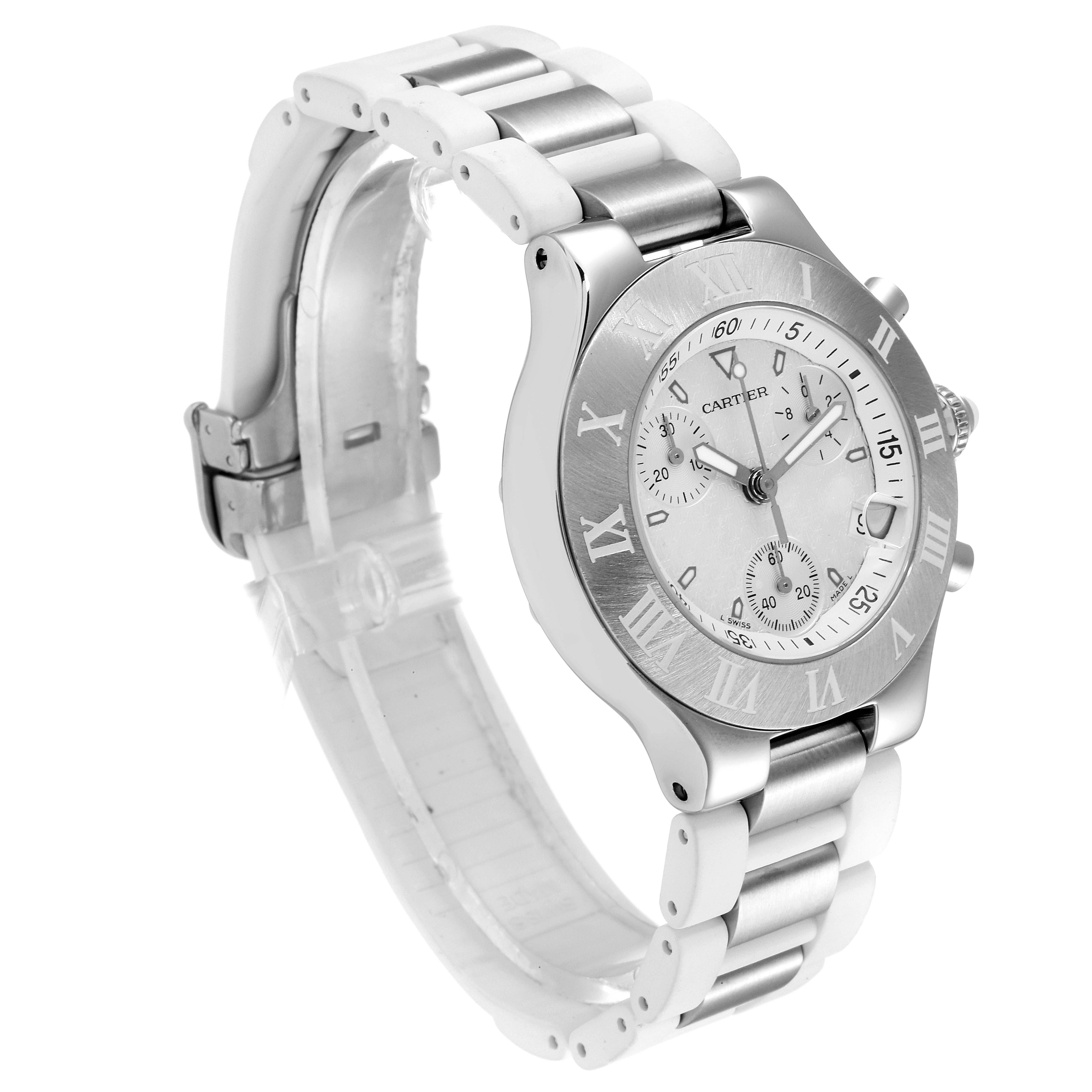 The image shows a Cartier Must 21 Chronoscaph W10184U2 Men's Stainless Steel White Dial W10184U2 Men's Stainless Steel White Dial watch angled slightly to the side, displaying its watch face, bezel, and part of its bracelet.