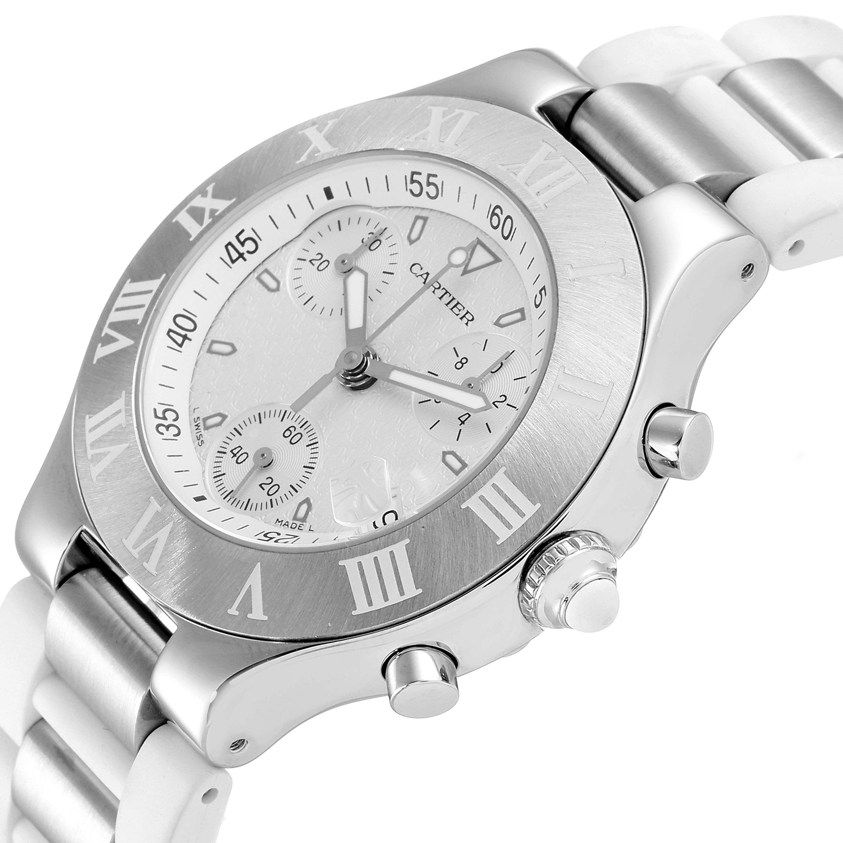 This image shows an angled view of the Cartier Must 21 Chronoscaph W10184U2 Men's Stainless Steel White Dial W10184U2 Men's Stainless Steel White Dial watch, highlighting the face, bezel, and buttons.