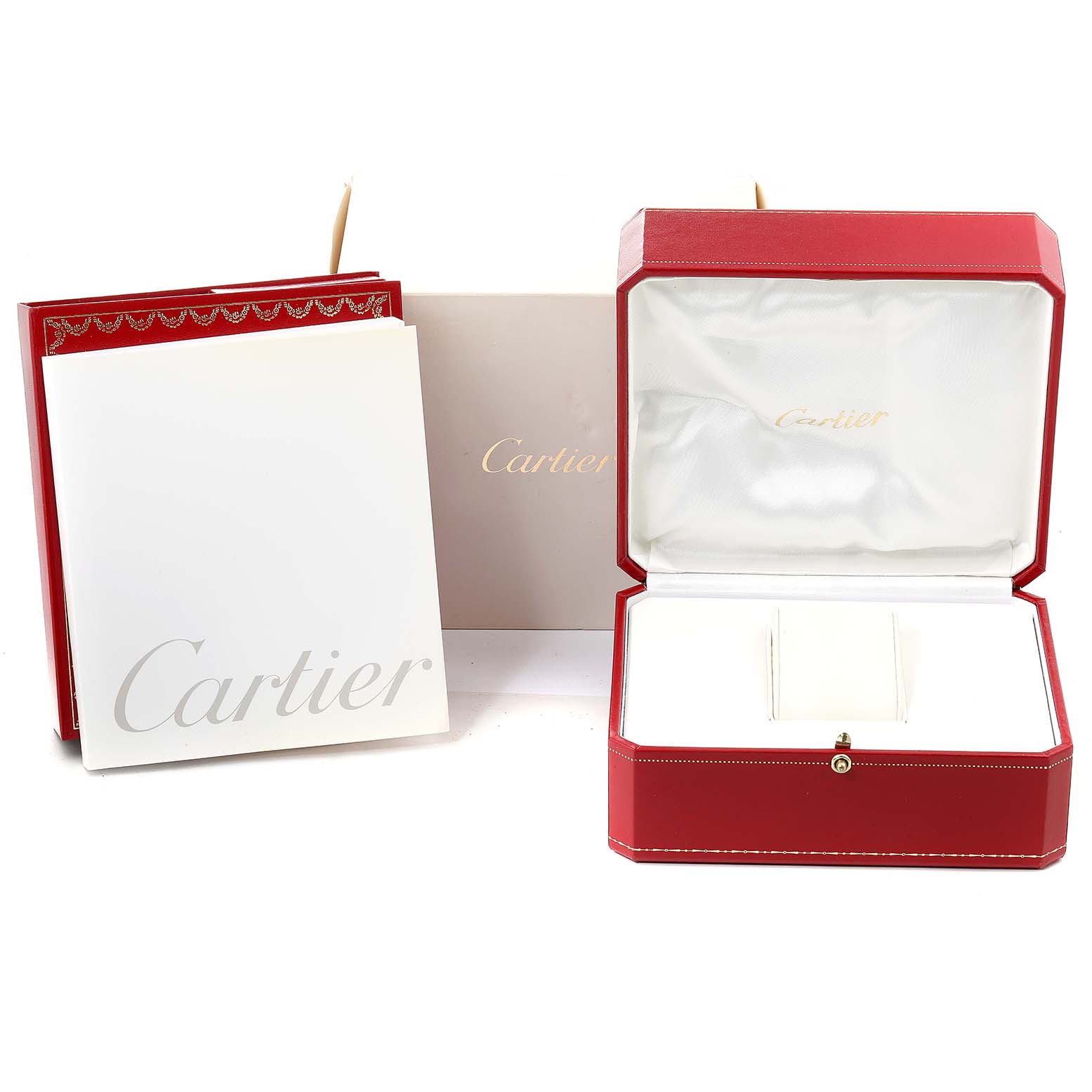 The image shows the box, booklet, and packaging for the Must 21 Chronoscaph model by Cartier.