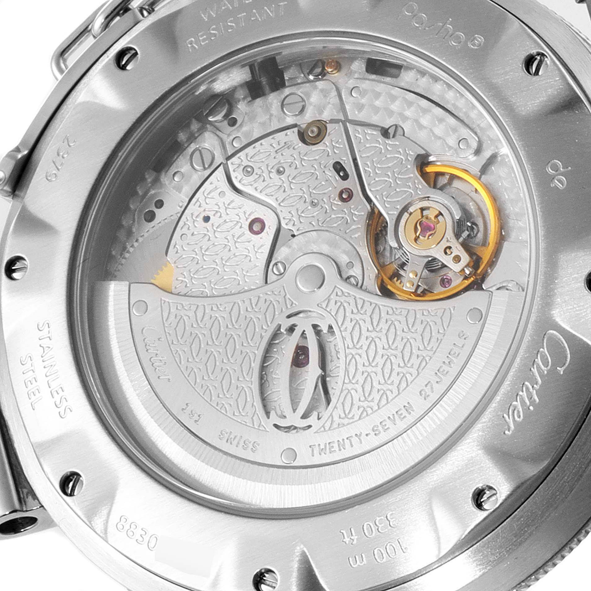 This image shows the back view of a Cartier Pasha W31059H3 Men
s Stainless Steel Silver Dial W31059H3 Men
s Stainless Steel Silver Dial watch, highlighting its stainless steel casing and intricate internal mechanisms.