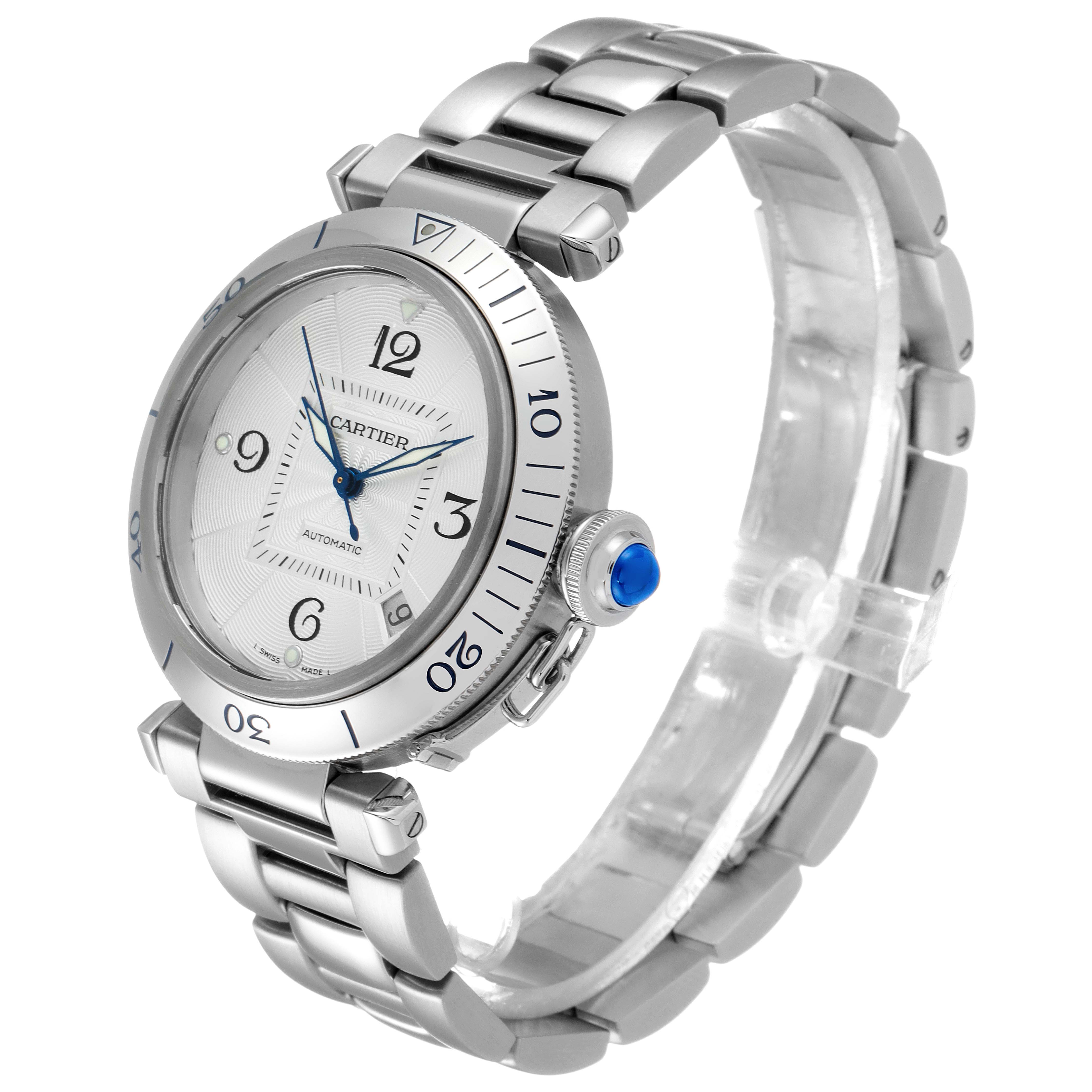 The Cartier Pasha W31059H3 Men
s Stainless Steel Silver Dial W31059H3 Men
s Stainless Steel Silver Dial watch is shown at a three-quarter angle, highlighting its silver bracelet, blue hands, and bezel.