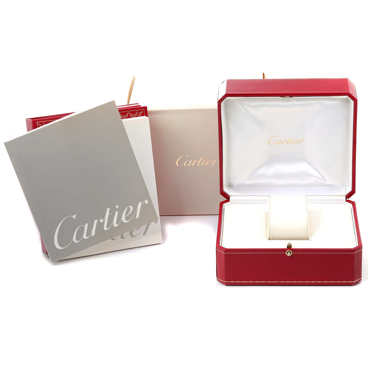The image shows the packaging, box, and booklet for a Pasha model by Cartier.