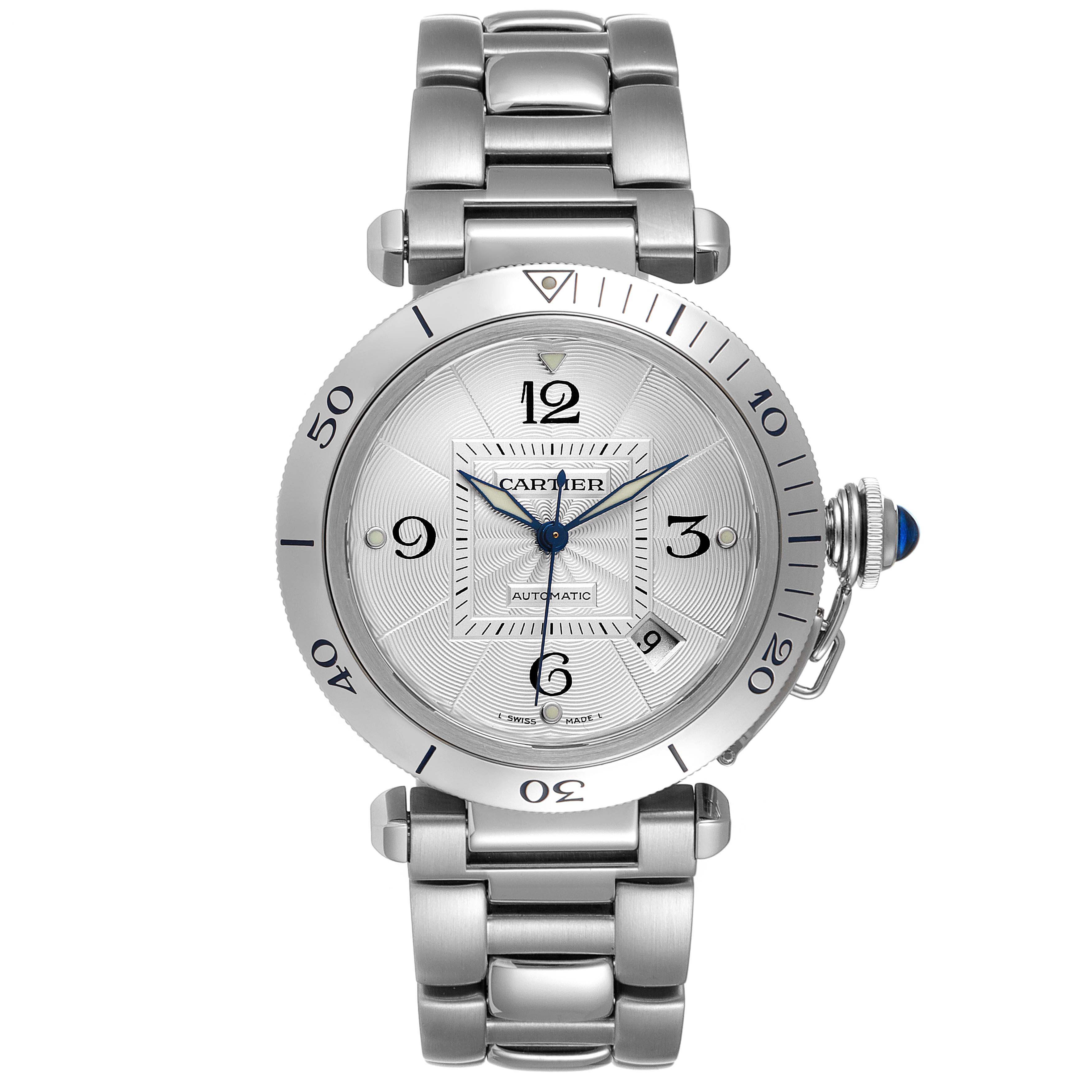 The image shows a front view of a Cartier Pasha W31059H3 Men
s Stainless Steel Silver Dial W31059H3 Men
s Stainless Steel Silver Dial watch, highlighting the bezel, dial, hands, bracelet, and crown.
