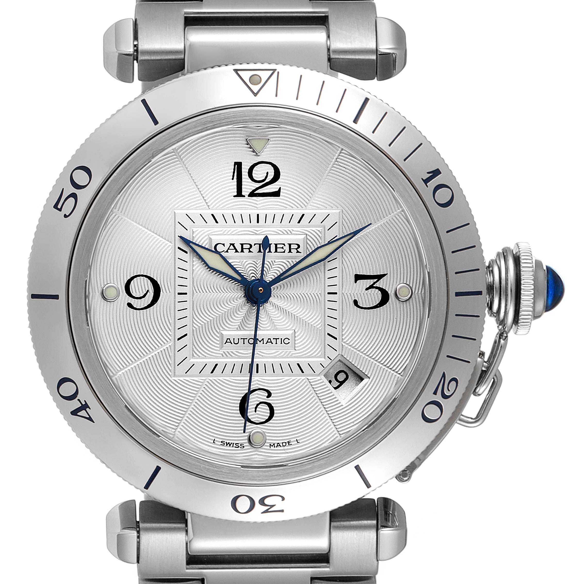 This image shows a front view of the Cartier Pasha W31059H3 Men
s Stainless Steel Silver Dial W31059H3 Men
s Stainless Steel Silver Dial watch, displaying the dial, bezel, and crown.