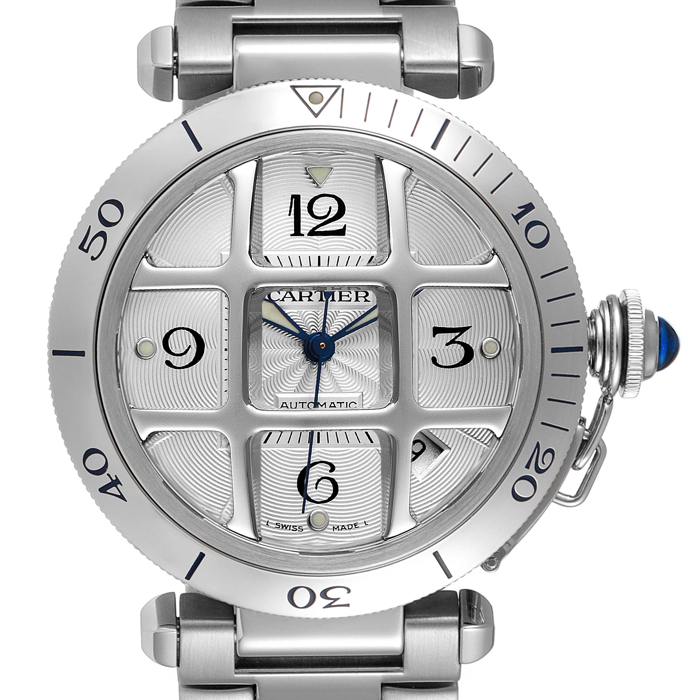 The image shows a front view of a Cartier Pasha W31059H3 Men
s Stainless Steel Silver Dial W31059H3 Men
s Stainless Steel Silver Dial watch, highlighting the dial, bezel, hands, and crown with a blue cabochon.