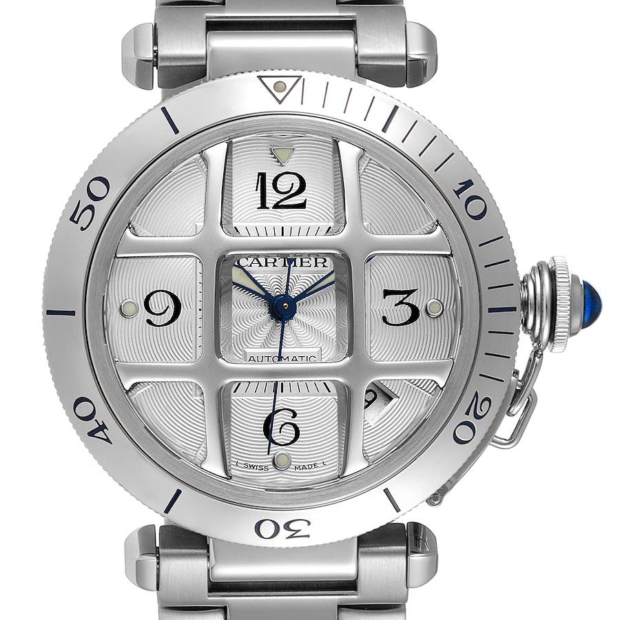 Cartier Pasha 38mm Silver Dial Steel Grid Unisex Watch W31059H3 Box Papers SwissWatchExpo