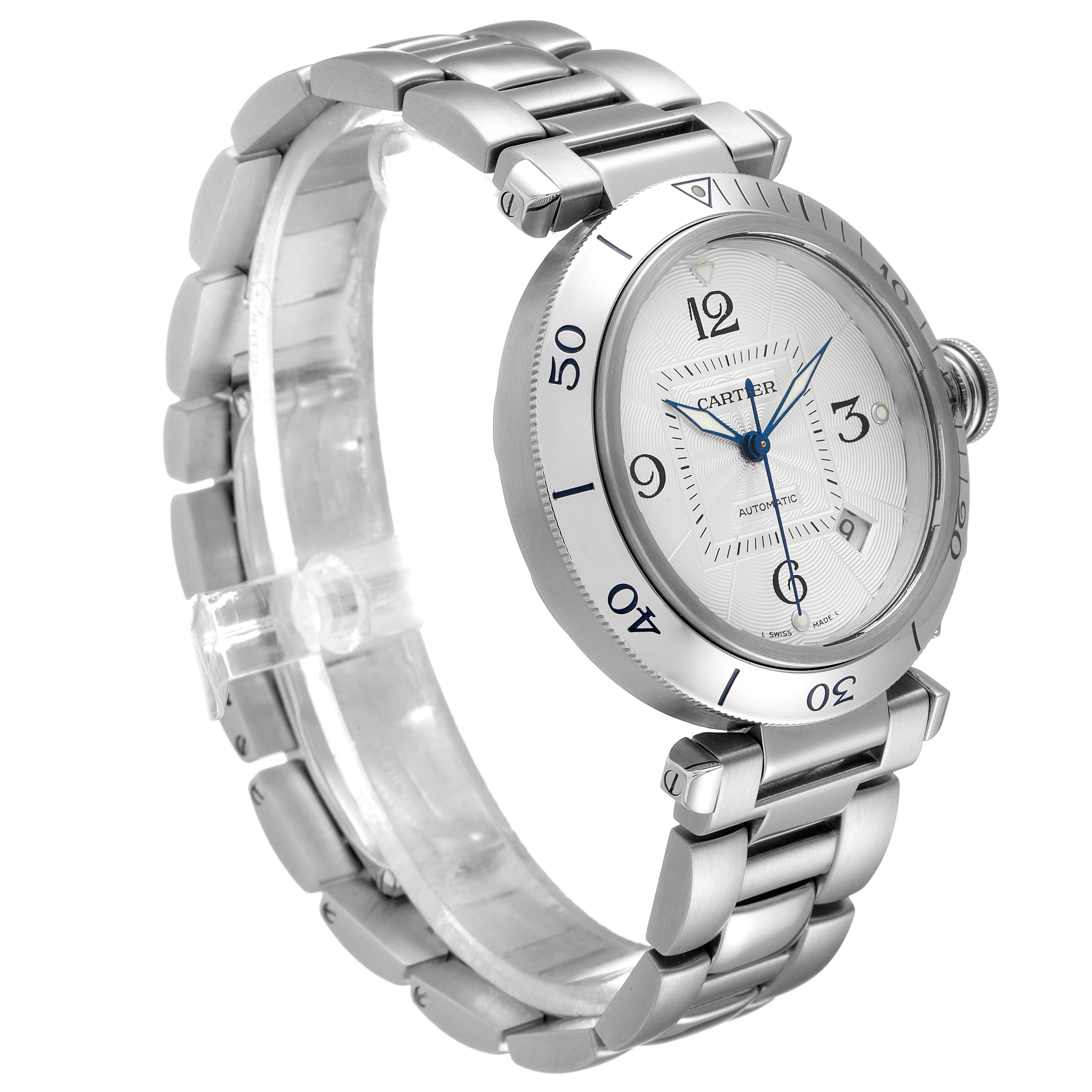 The image shows a Cartier Pasha W31059H3 Men
s Stainless Steel Silver Dial W31059H3 Men
s Stainless Steel Silver Dial model watch at a slight angle displaying the face, bezel, and part of the metal bracelet.