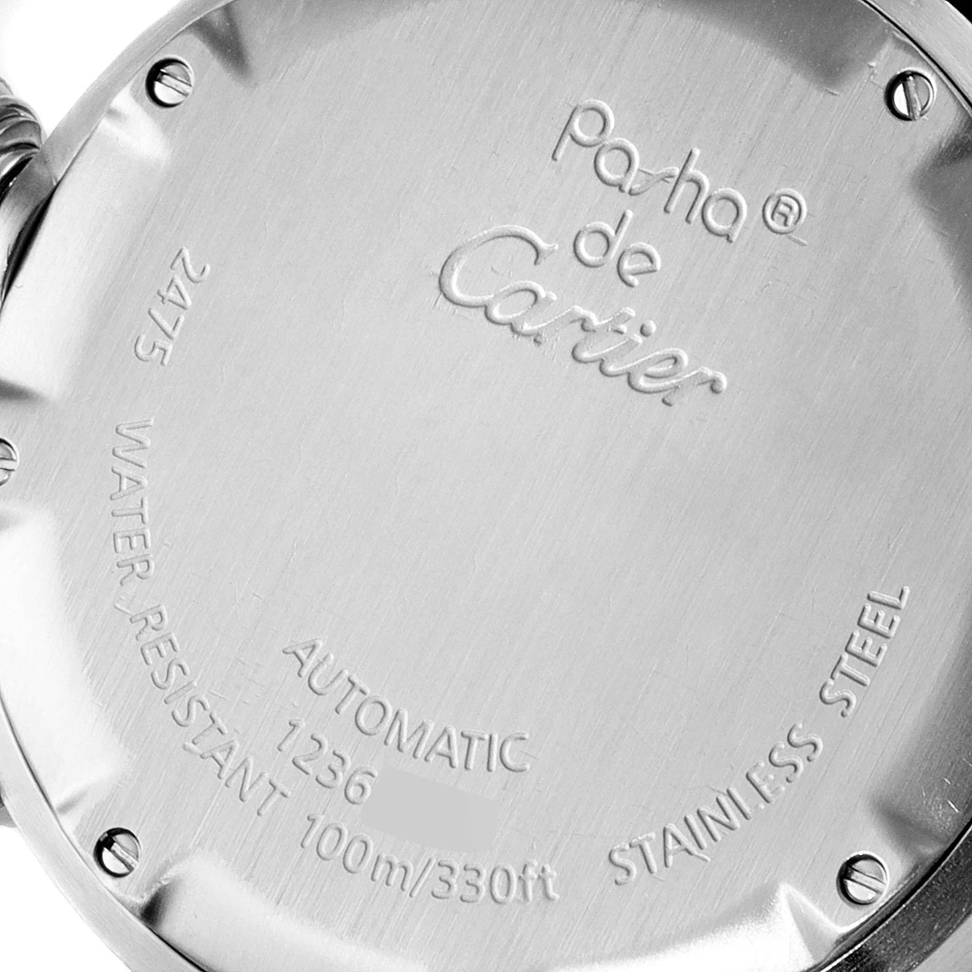 This image shows the back case of a Cartier Pasha W31058M7 Women's Stainless Steel Pink Dial W31058M7 Women's Stainless Steel Pink Dial watch, highlighting its water resistance and material details.