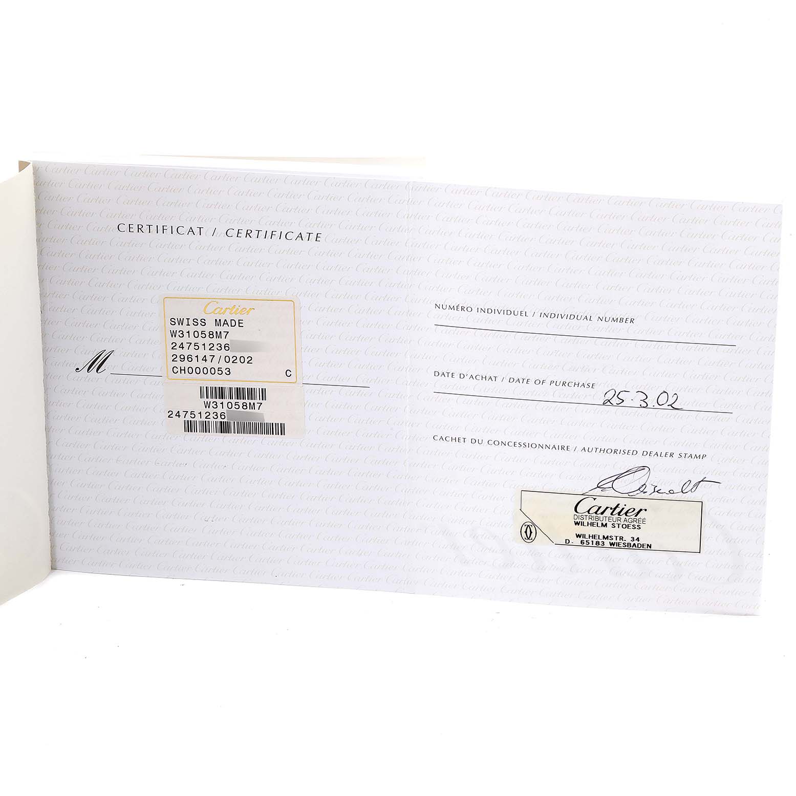 The image shows a certificate with authentication details and a purchase date for a Cartier Pasha W31058M7 Women's Stainless Steel Pink Dial W31058M7 Women's Stainless Steel Pink Dial model watch.