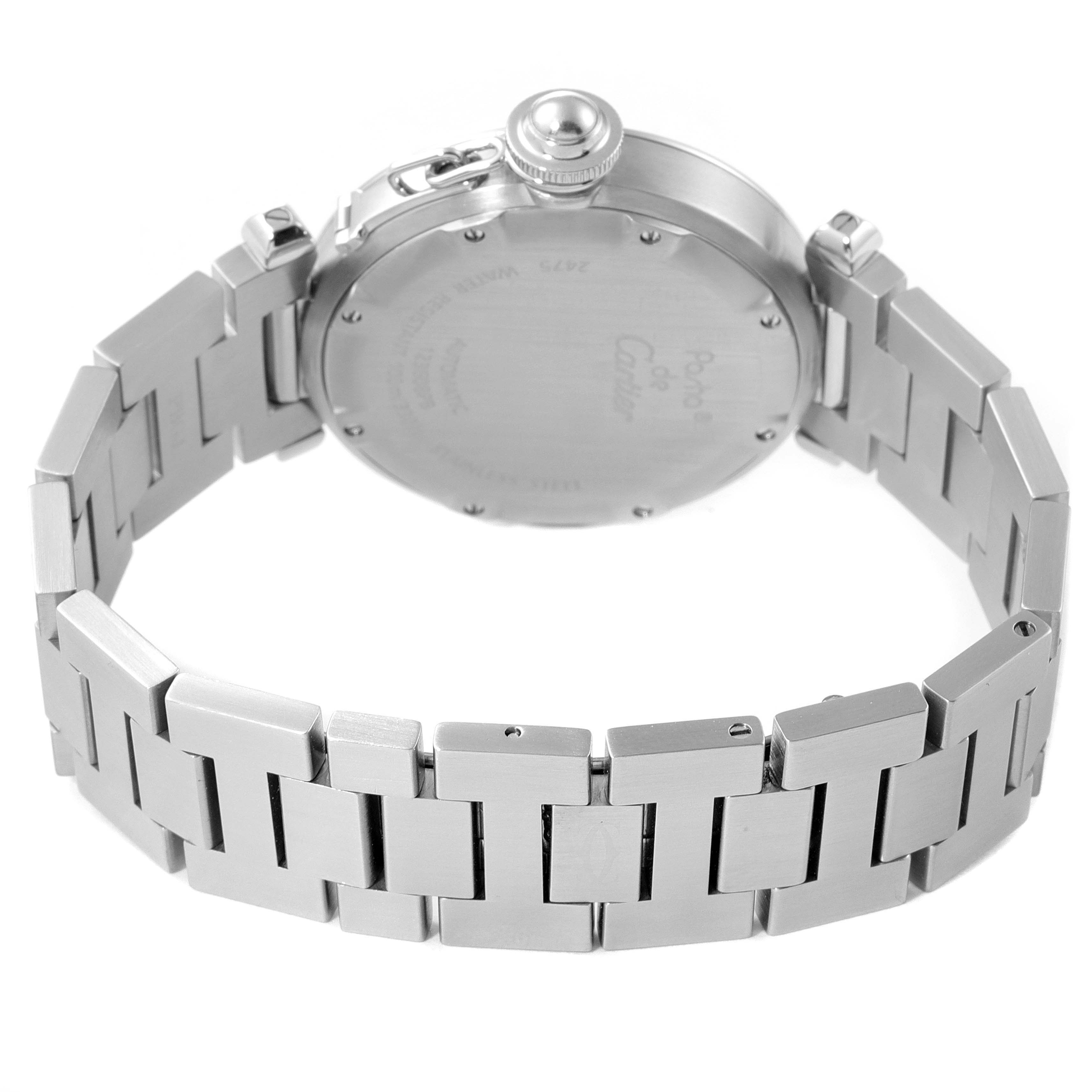 The image shows the back case and stainless steel bracelet of the Cartier Pasha W31058M7 Women's Stainless Steel Pink Dial W31058M7 Women's Stainless Steel Pink Dial model watch.