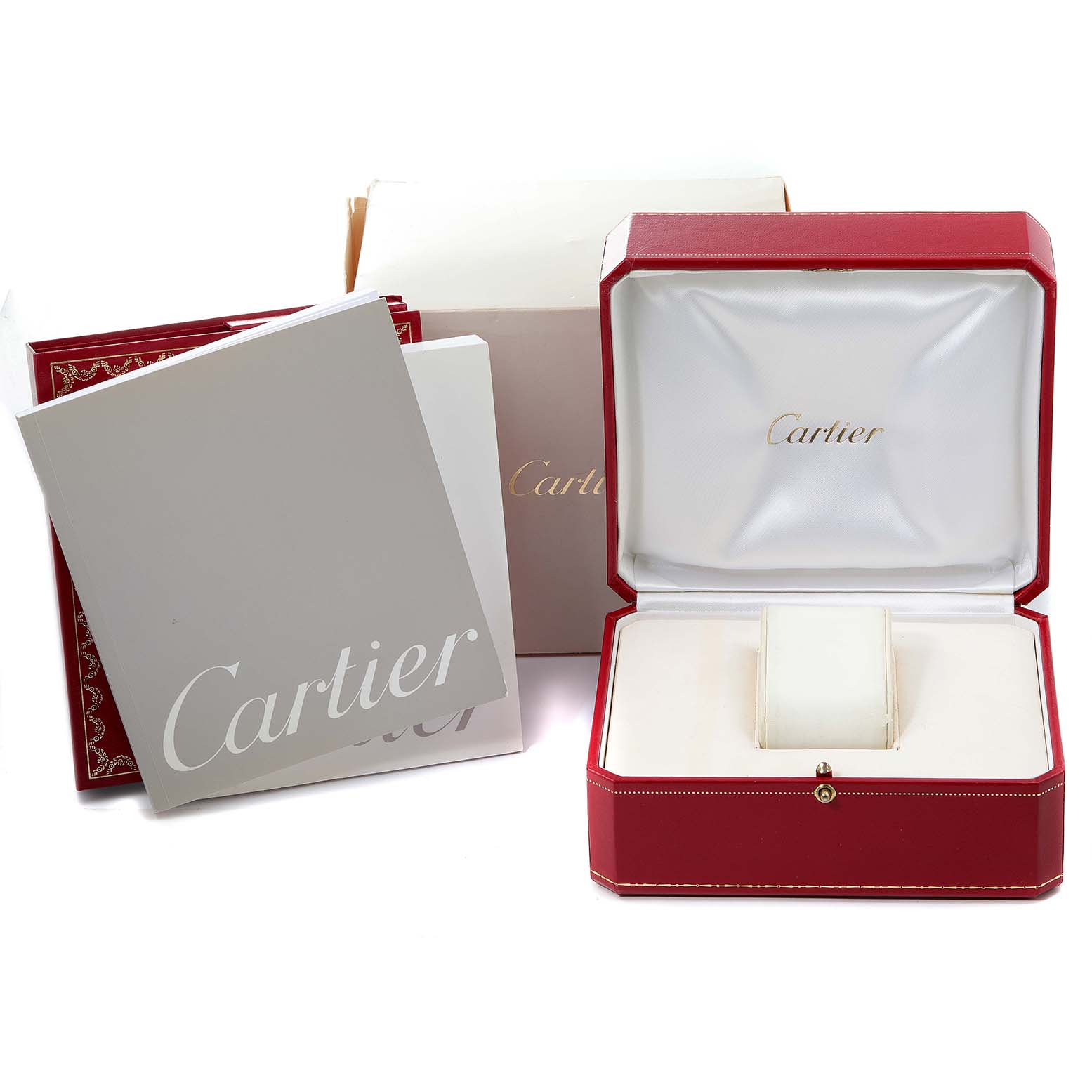 The image shows the packaging for a Cartier Pasha W31058M7 Women's Stainless Steel Pink Dial W31058M7 Women's Stainless Steel Pink Dial watch, including the red watch box, outer cover, and documentation.