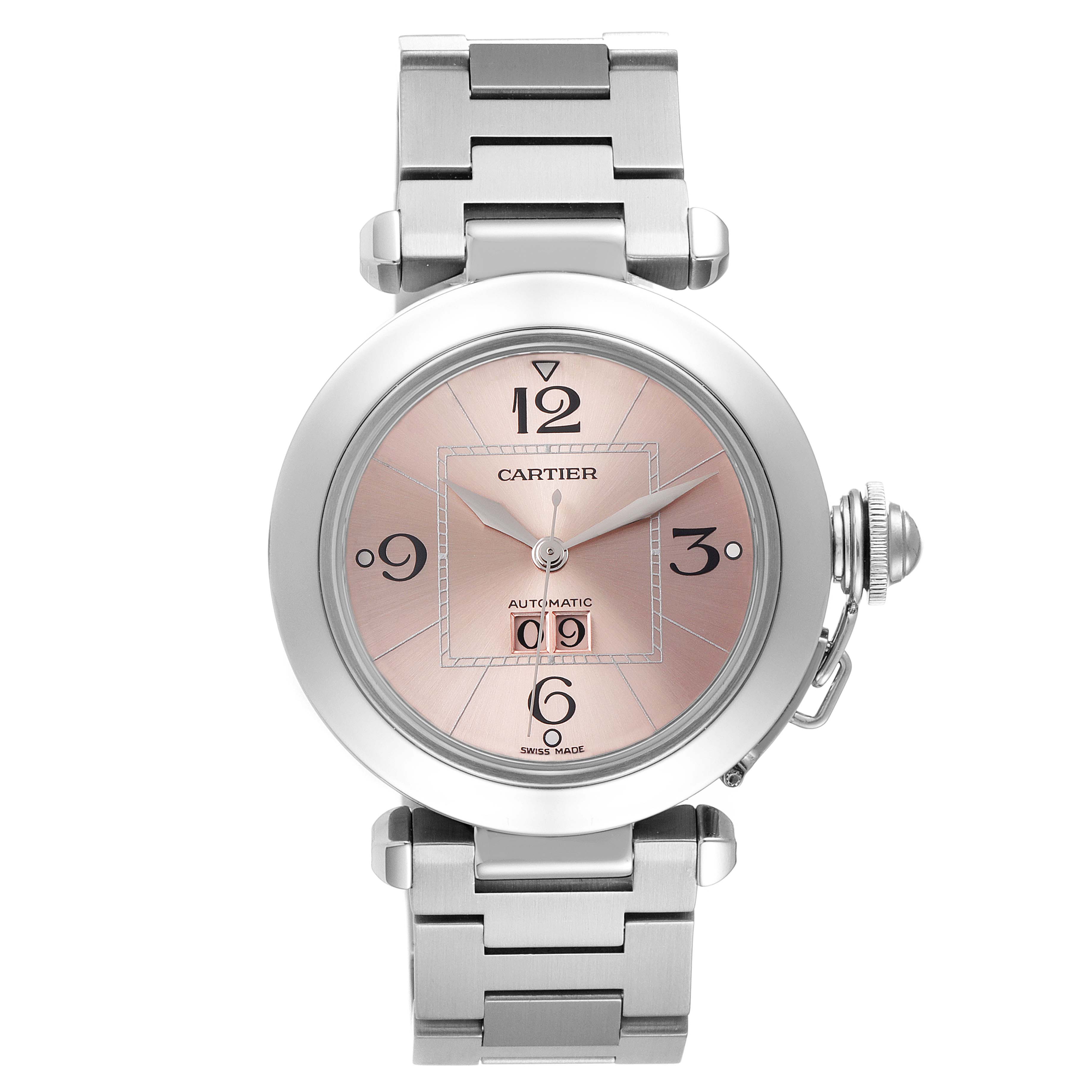 The image shows a front view of the Cartier Pasha W31058M7 Women's Stainless Steel Pink Dial W31058M7 Women's Stainless Steel Pink Dial model watch, displaying its face, bezel, and metal bracelet.