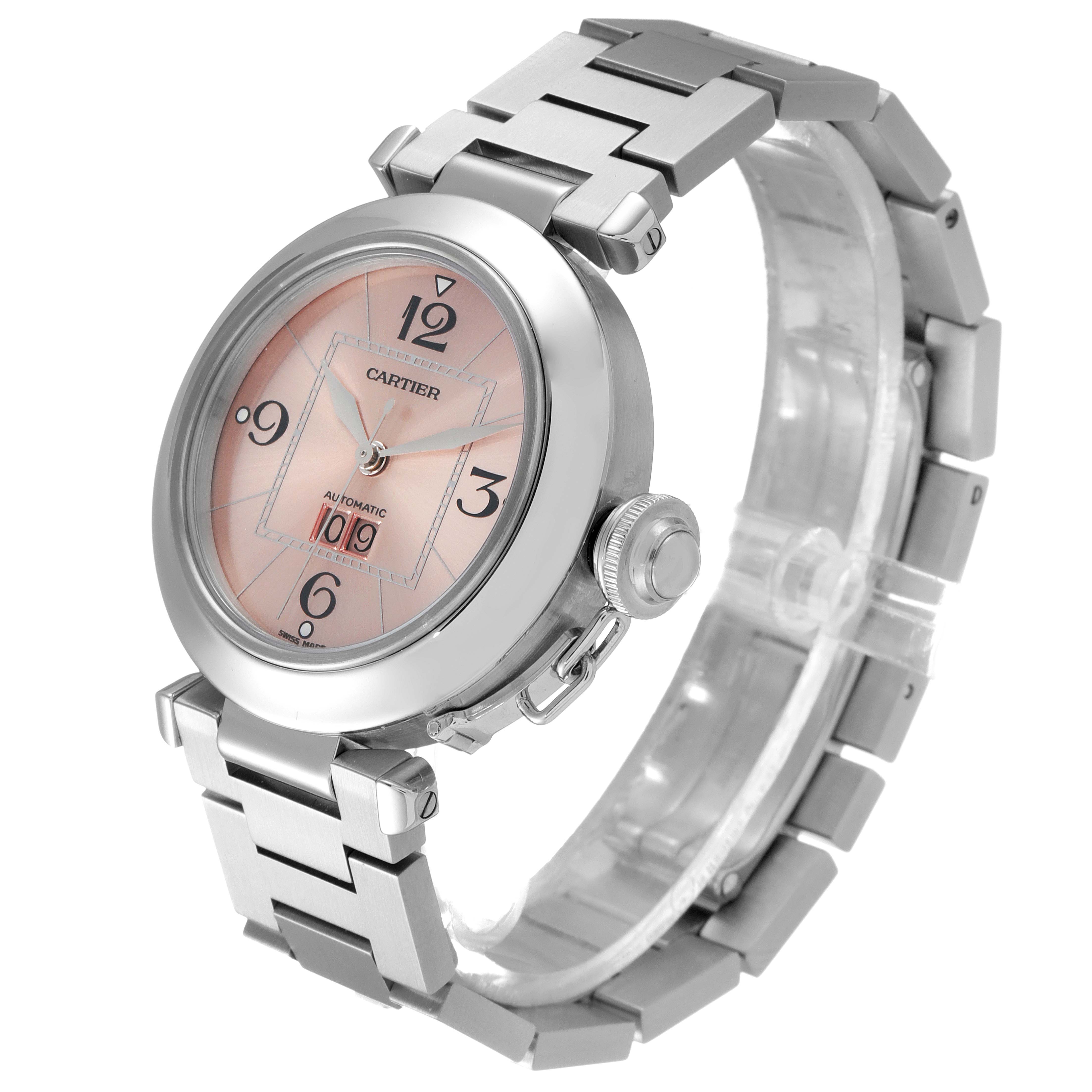 The image shows a Cartier Pasha W31058M7 Women's Stainless Steel Pink Dial W31058M7 Women's Stainless Steel Pink Dial watch from an angled side view, highlighting the dial, bracelet, and crown.