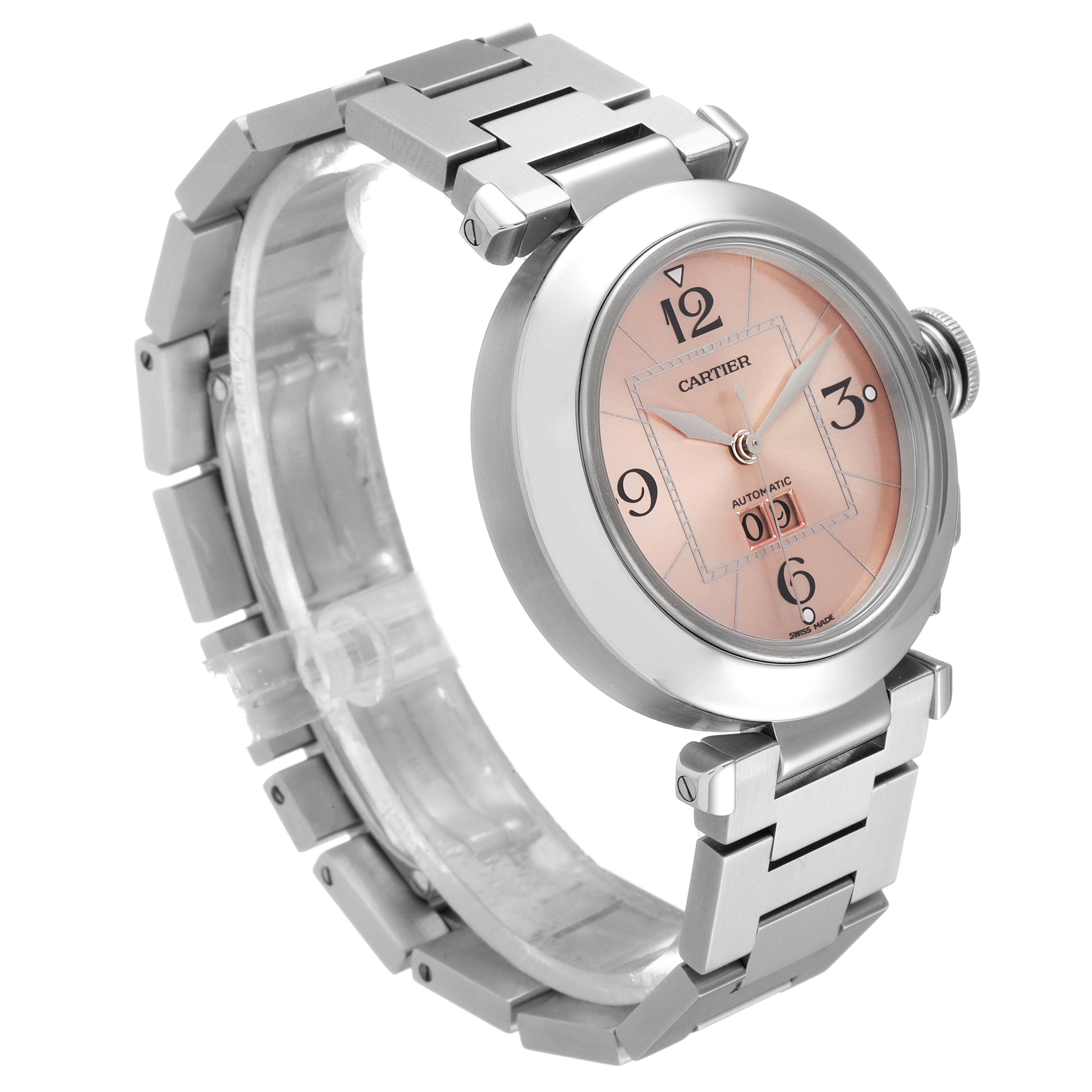 The Cartier Pasha W31058M7 Women's Stainless Steel Pink Dial W31058M7 Women's Stainless Steel Pink Dial watch is shown at a three-quarter angle, displaying its round face, crown, and metal bracelet.