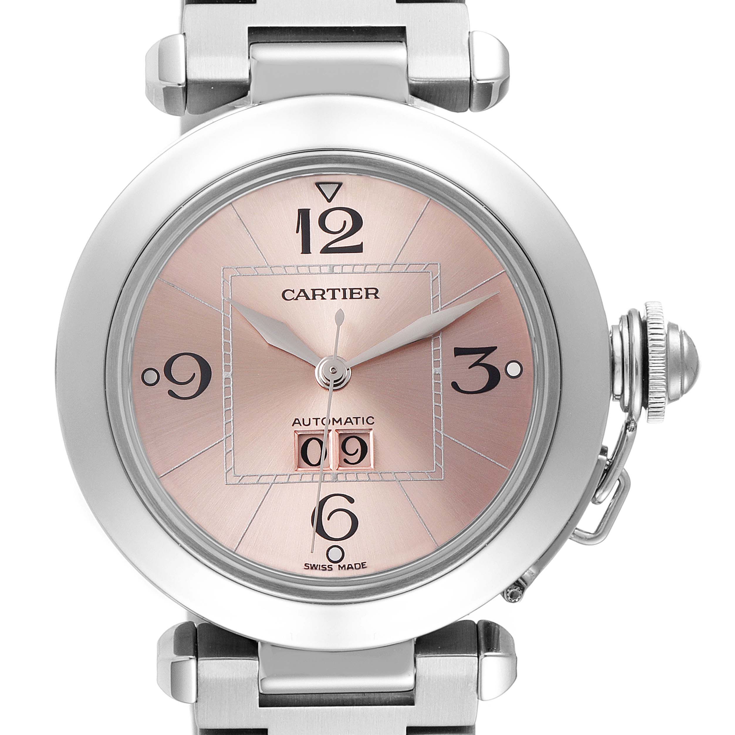 The image shows a front view of the face of a Cartier Pasha W31058M7 Women's Stainless Steel Pink Dial W31058M7 Women's Stainless Steel Pink Dial model watch, displaying its dial and crown.