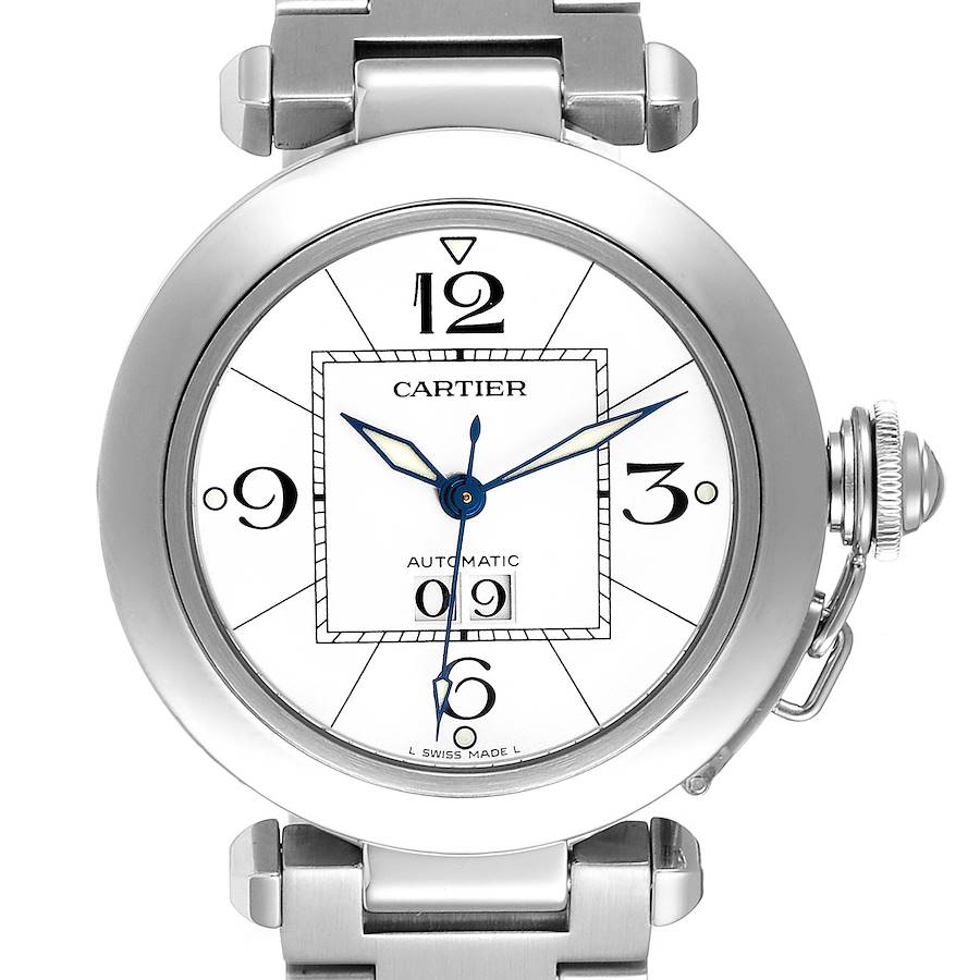 Cartier Pasha C Midsize Big Date Steel Watch White Dial W31055M7 Box Papers SwissWatchExpo
