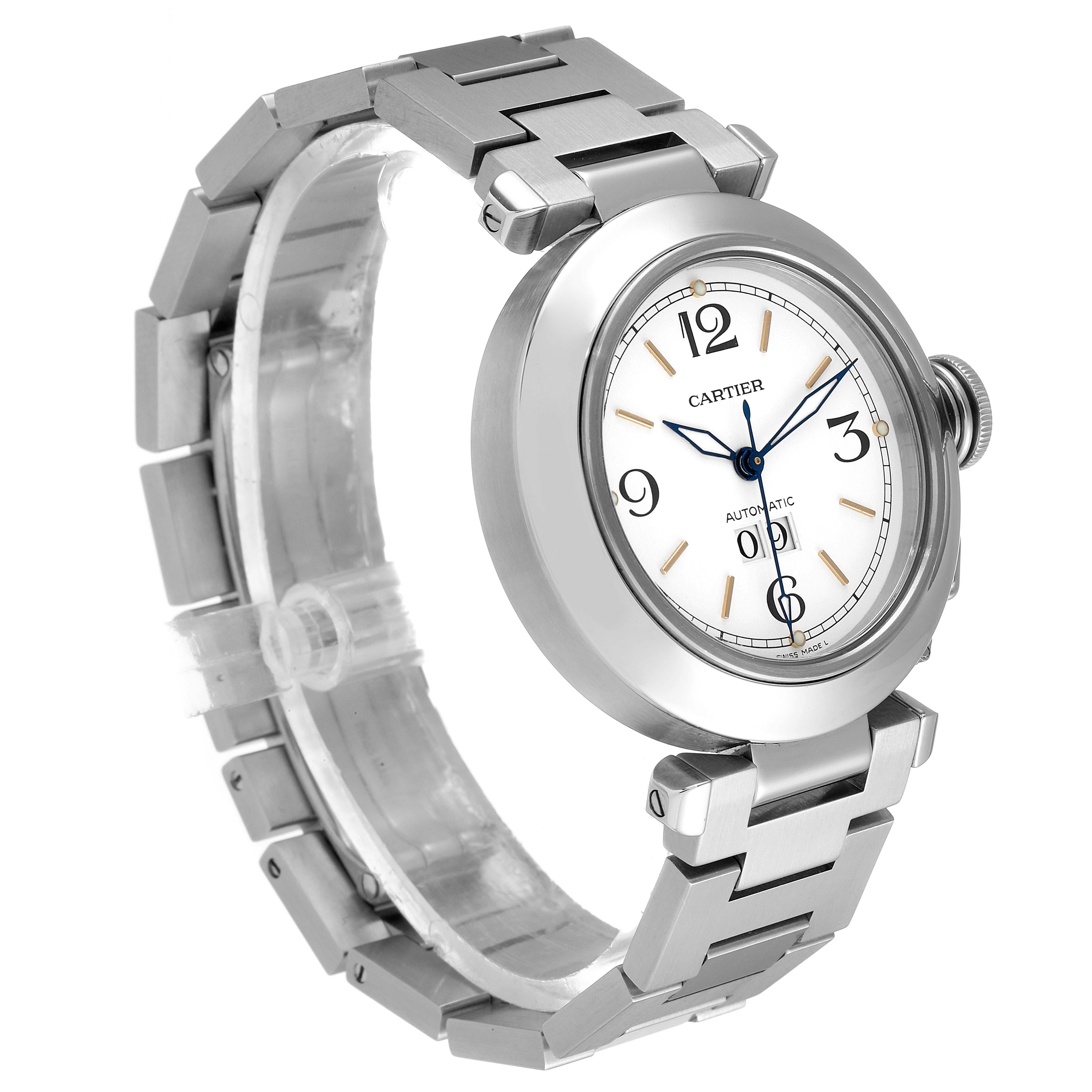 The Cartier Pasha W31044M7 Men's Stainless Steel White Dial W31044M7 Men's Stainless Steel White Dial watch is shown from a side angle, displaying the face, case, crown, and metal bracelet.