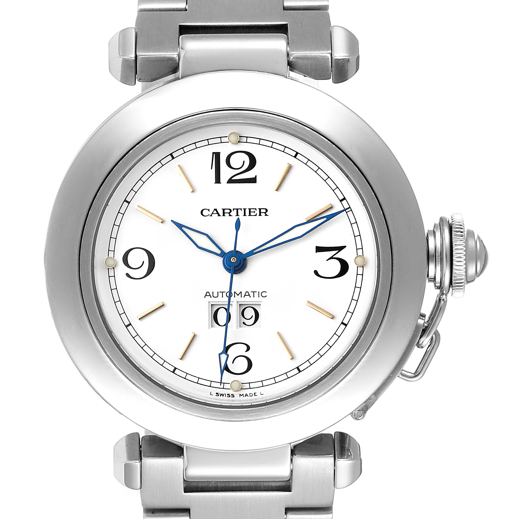 The image shows a front view of a Cartier Pasha W31044M7 Men's Stainless Steel White Dial W31044M7 Men's Stainless Steel White Dial watch, highlighting its face, numerals, and bracelet.