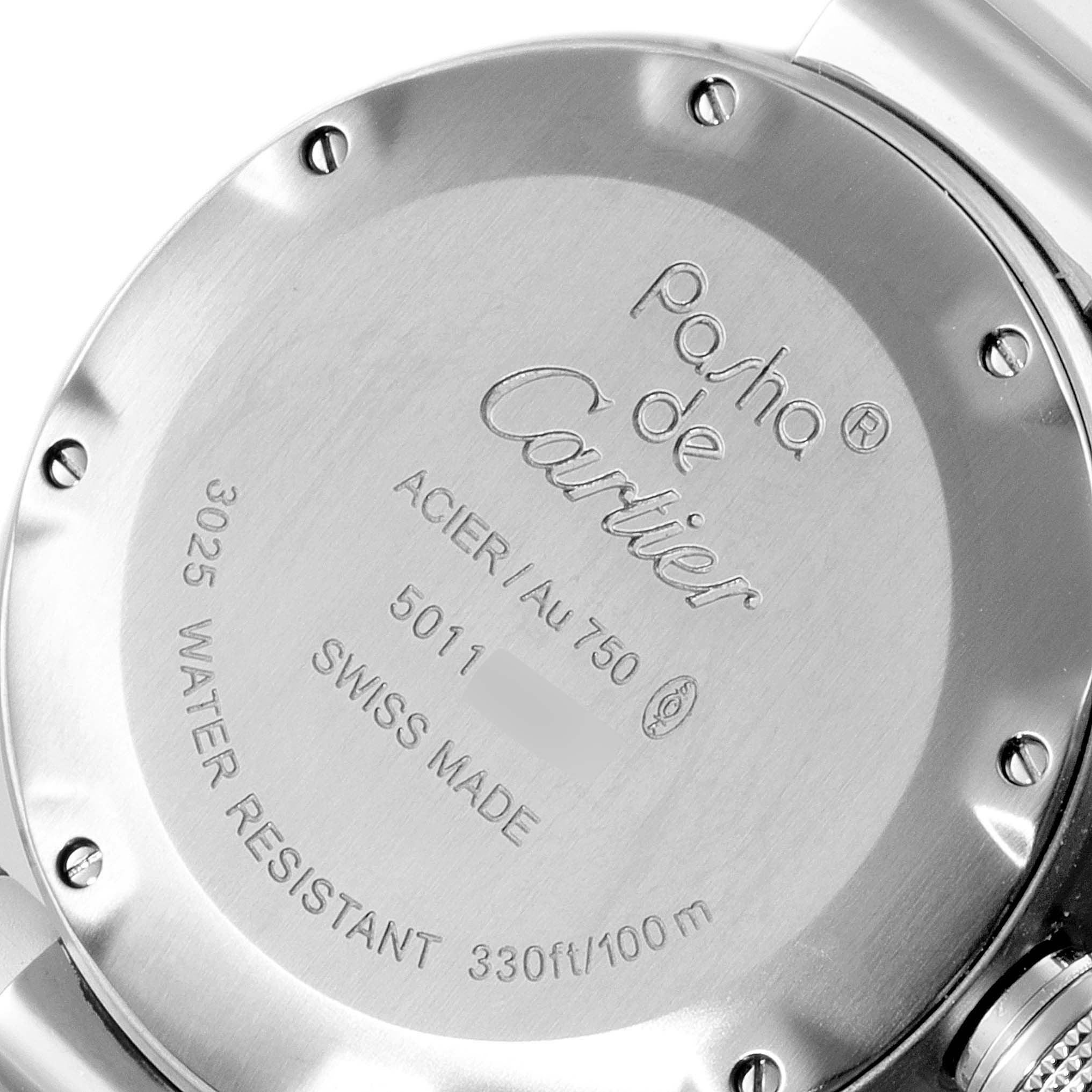 The image shows the back case of a Cartier Pasha W3140001 Women's Stainless Steel Silver Dial W3140001 Women's Stainless Steel Silver Dial watch, highlighting the engravings and water resistance details.