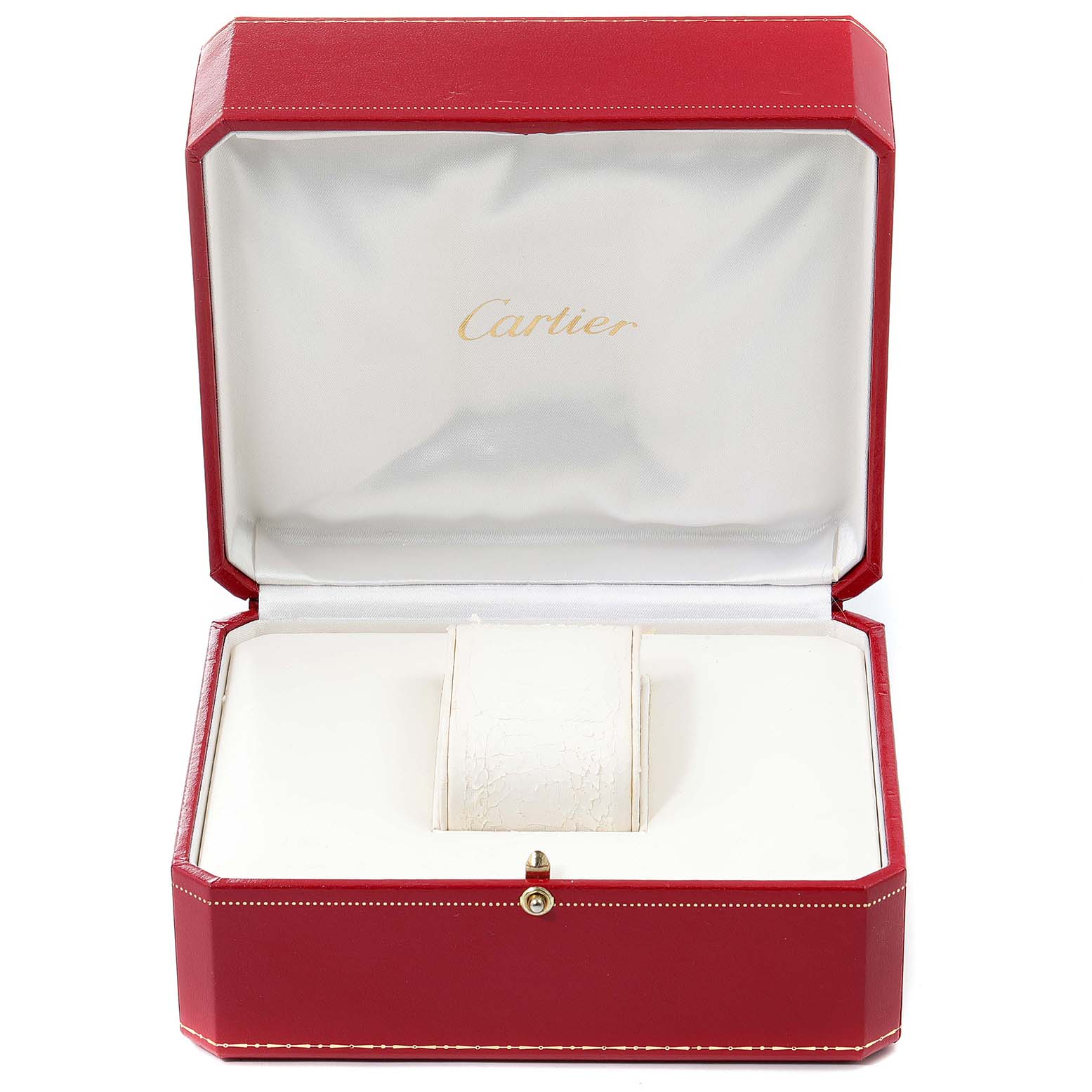 This is an open red box of the Cartier Pasha W3140001 Women's Stainless Steel Silver Dial W3140001 Women's Stainless Steel Silver Dial model watch, displaying its white interior and pillow holder.