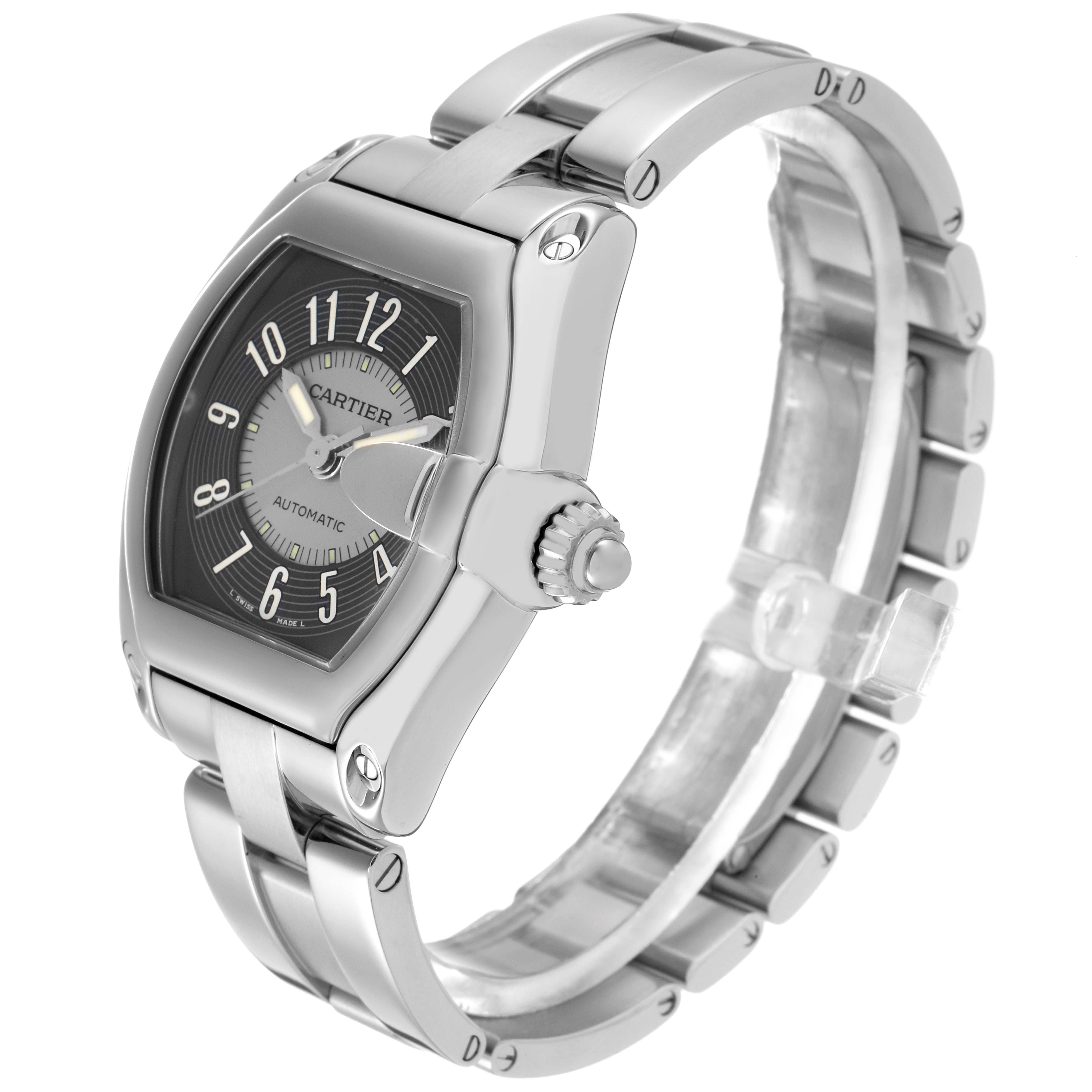 The Cartier Roadster W62001V3 Men
s Stainless Steel Grey Dial W62001V3 Men
s Stainless Steel Grey Dial watch is shown at a three-quarter angle, highlighting its face, crown, and part of the bracelet.