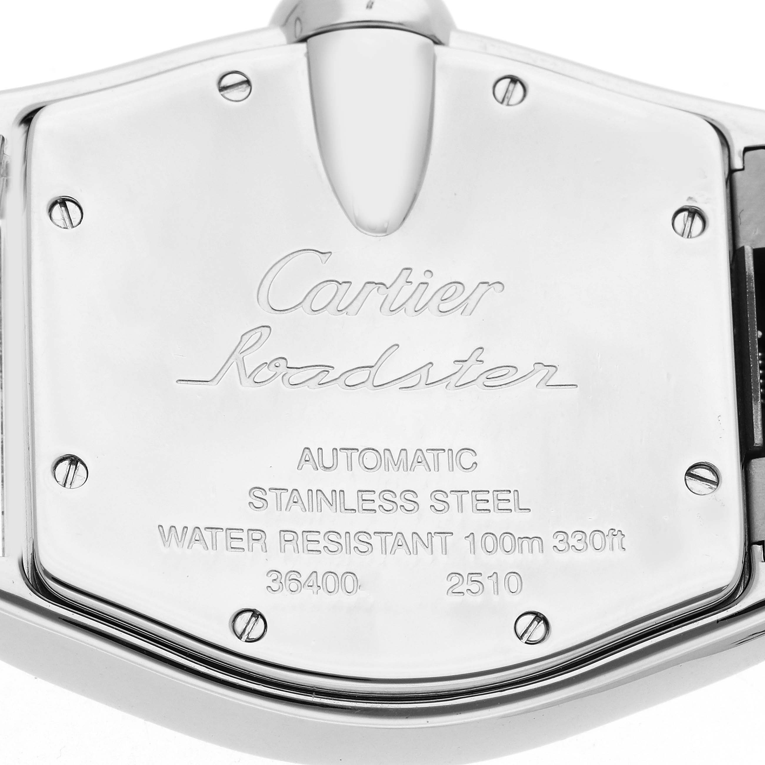 The image shows the back case of a Cartier Roadster W62001V3 Men
s Stainless Steel Grey Dial W62001V3 Men
s Stainless Steel Grey Dial watch, highlighting the engravings and screws.