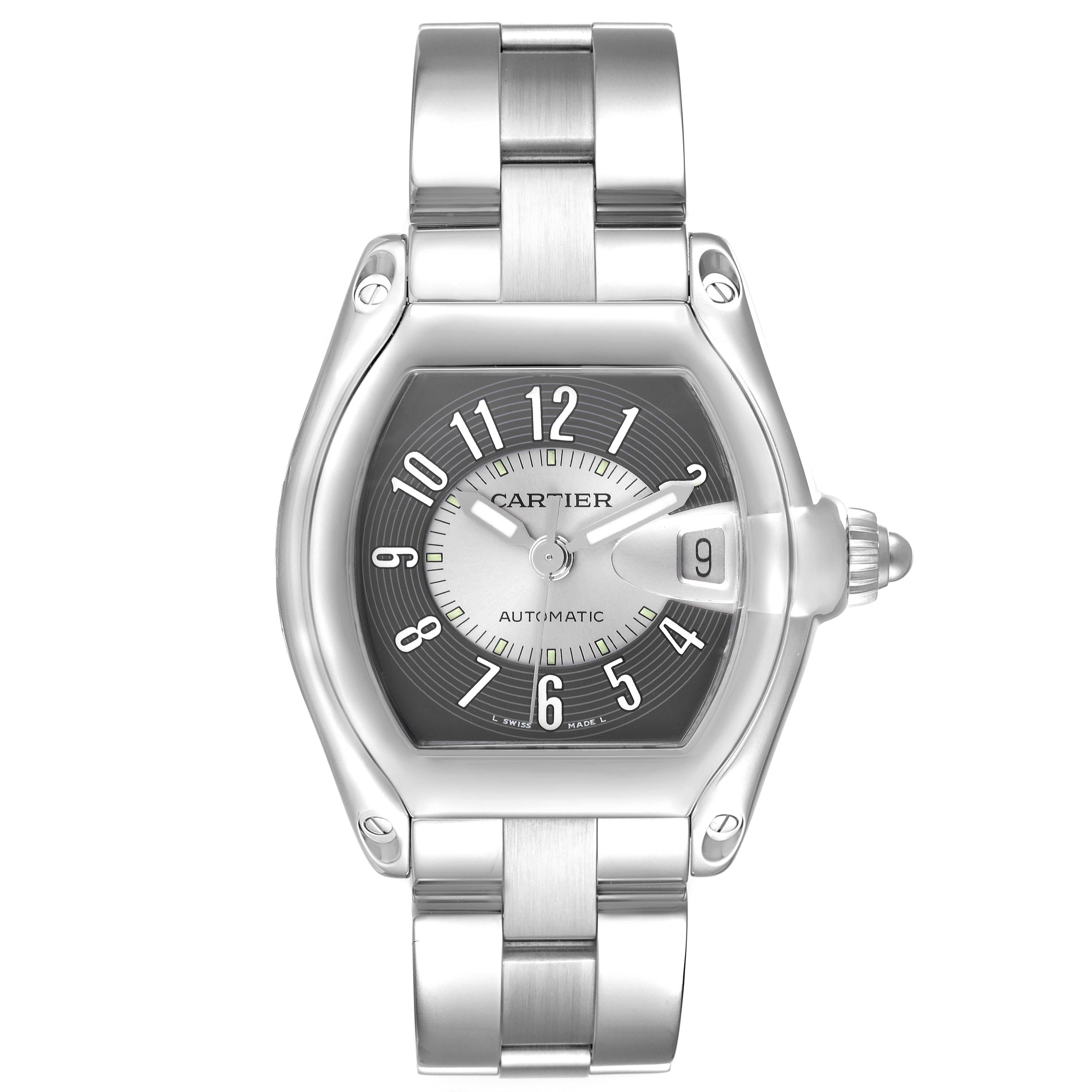 The Cartier Roadster W62001V3 Men
s Stainless Steel Grey Dial W62001V3 Men
s Stainless Steel Grey Dial watch is shown from a front angle, highlighting its dial, case, date window, and bracelet.
