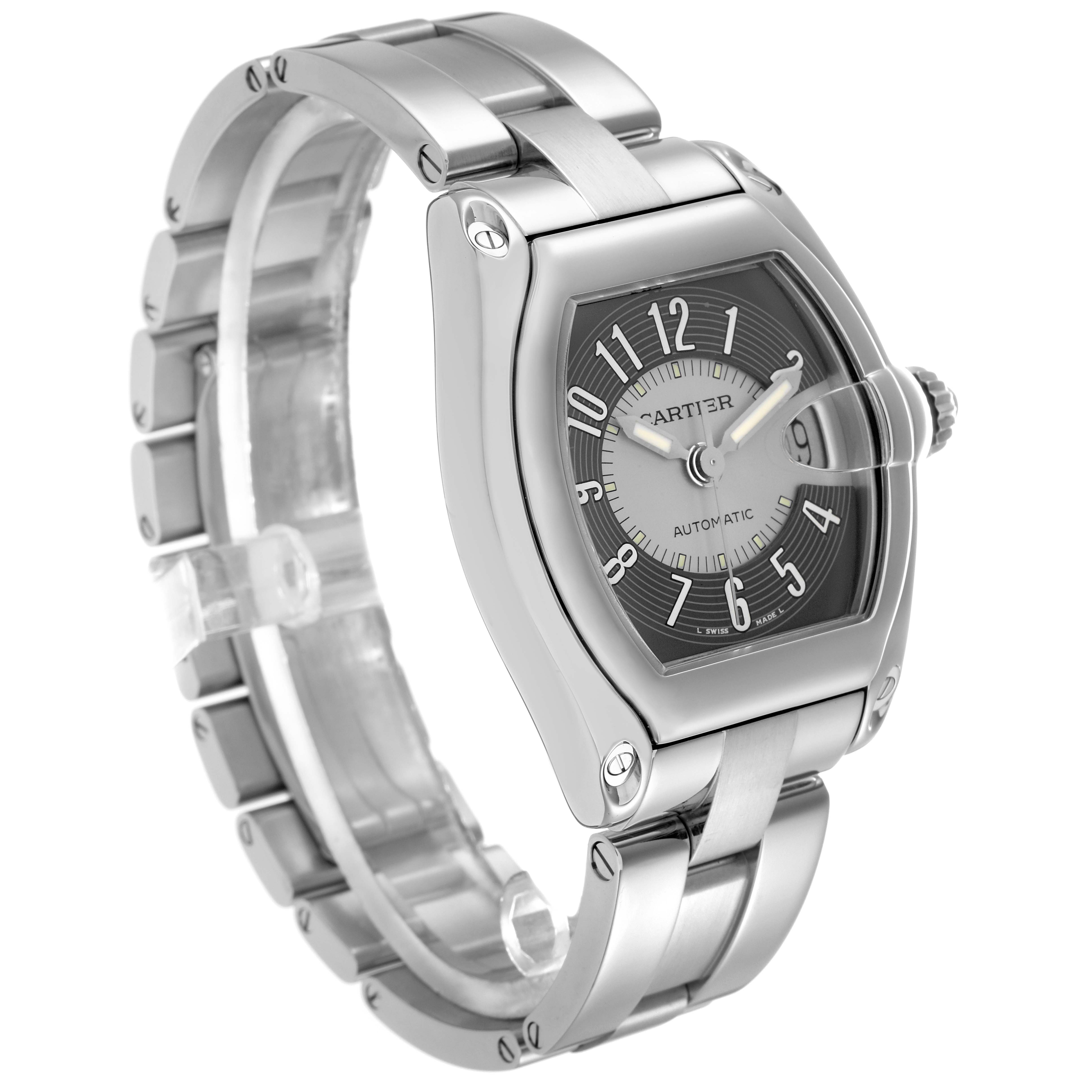 The Cartier Roadster W62001V3 Men
s Stainless Steel Grey Dial W62001V3 Men
s Stainless Steel Grey Dial is shown at a three-quarter angle, highlighting the stainless steel case, dial, and bracelet.