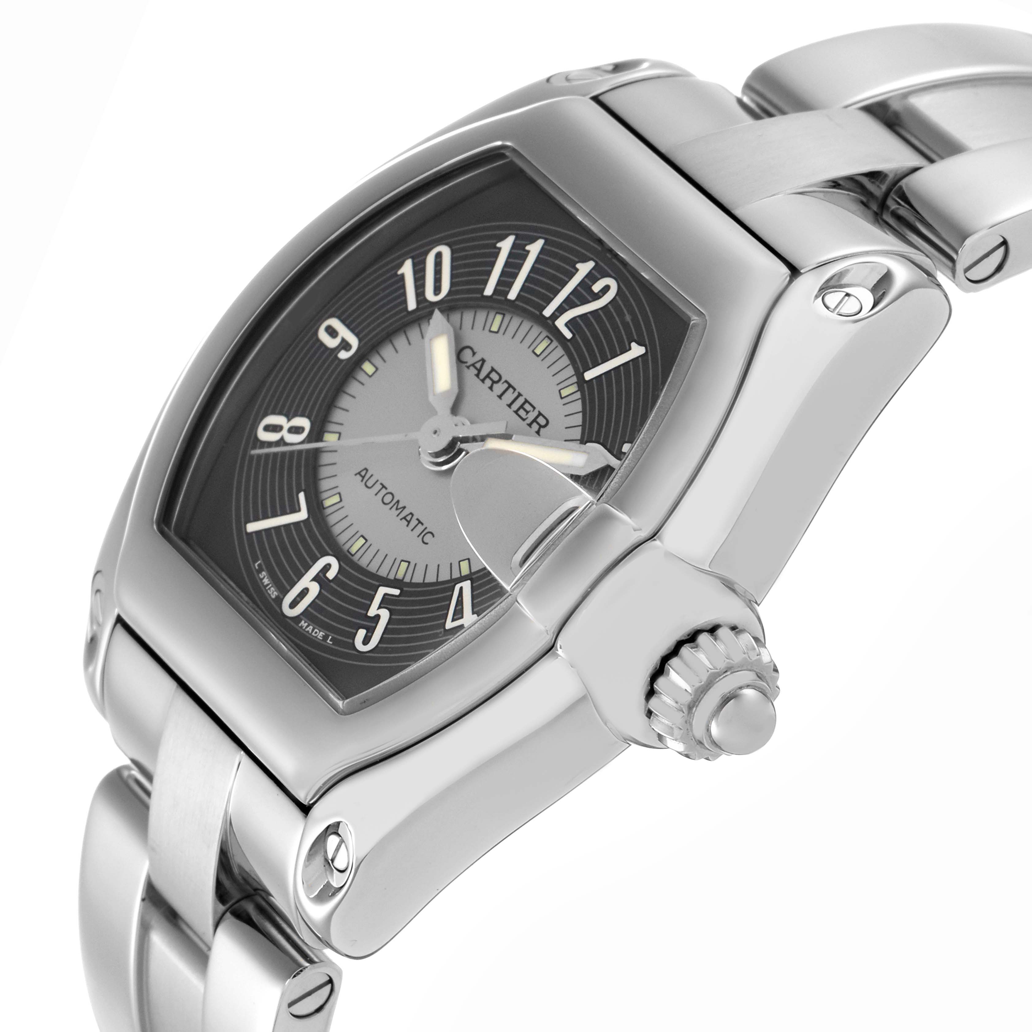 The Cartier Roadster W62001V3 Men
s Stainless Steel Grey Dial W62001V3 Men
s Stainless Steel Grey Dial watch is shown from a side angle, highlighting the dial, crown, and metal bracelet.
